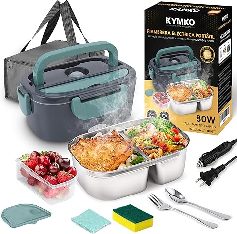 Fiambrera Eléctrica Coche y Camión 12V/24V/220V, 1.5L, Acero Inoxidable, Tartera Térmica para Calentar Comida Trabajo, Viajes y Oficina, Incluye Cubiertos, Bolsa de Transporte, Esponja y Toalla