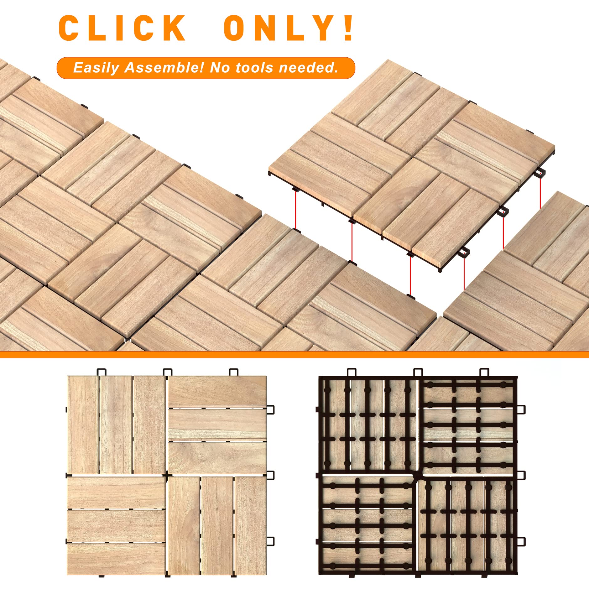 Interbuild Teak Hardwood Interlocking Patio Deck Tiles, 12" × 12" (Pack
