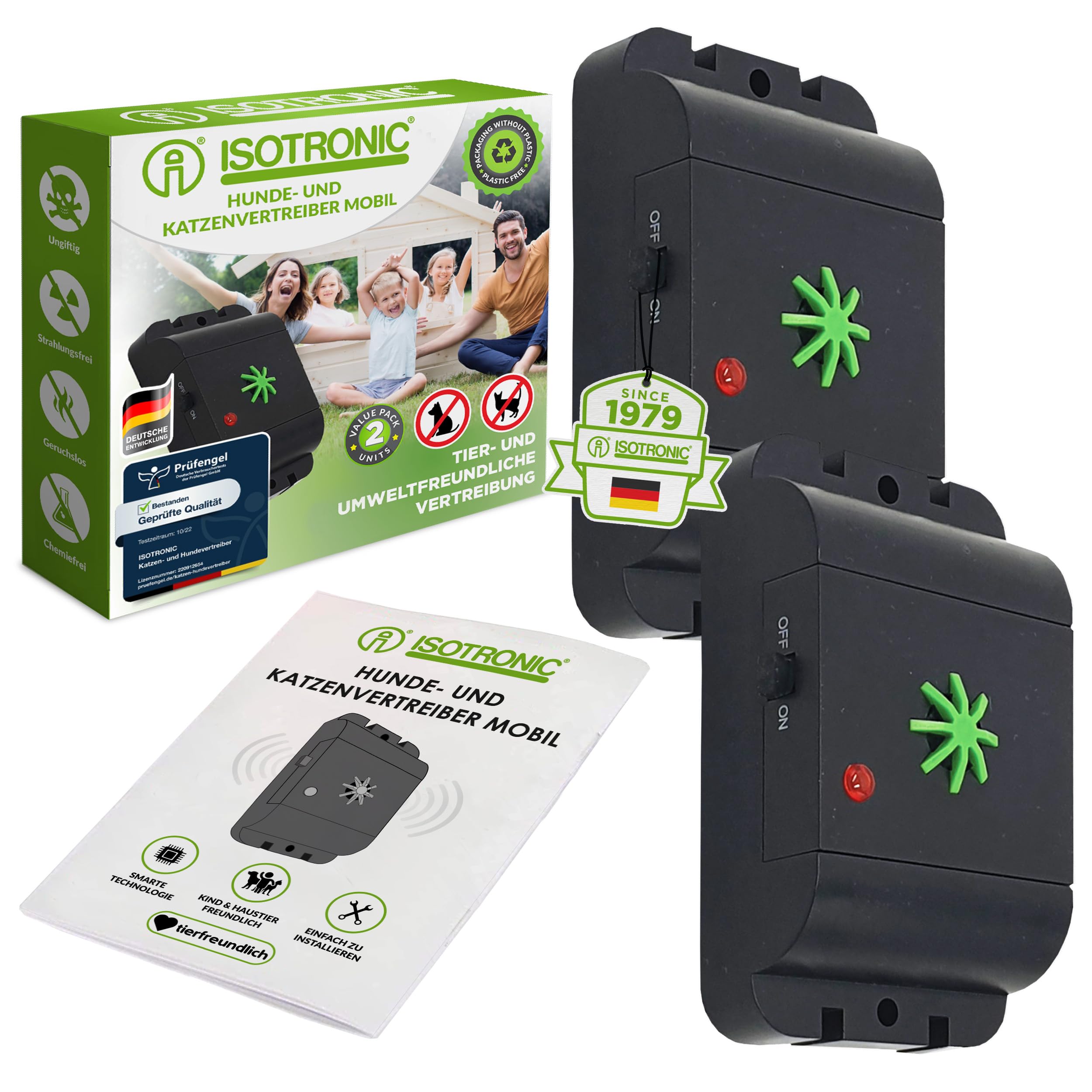ISOTRONIC Ultraschall Tierabwehr zum Katzen & Hunde vertreiben – Katzenschreck für Scheune, Garten, Auto & Garage – batteriebetriebener Hundeschreck mit 40m² Wirkungsbereich (2 Stück)
