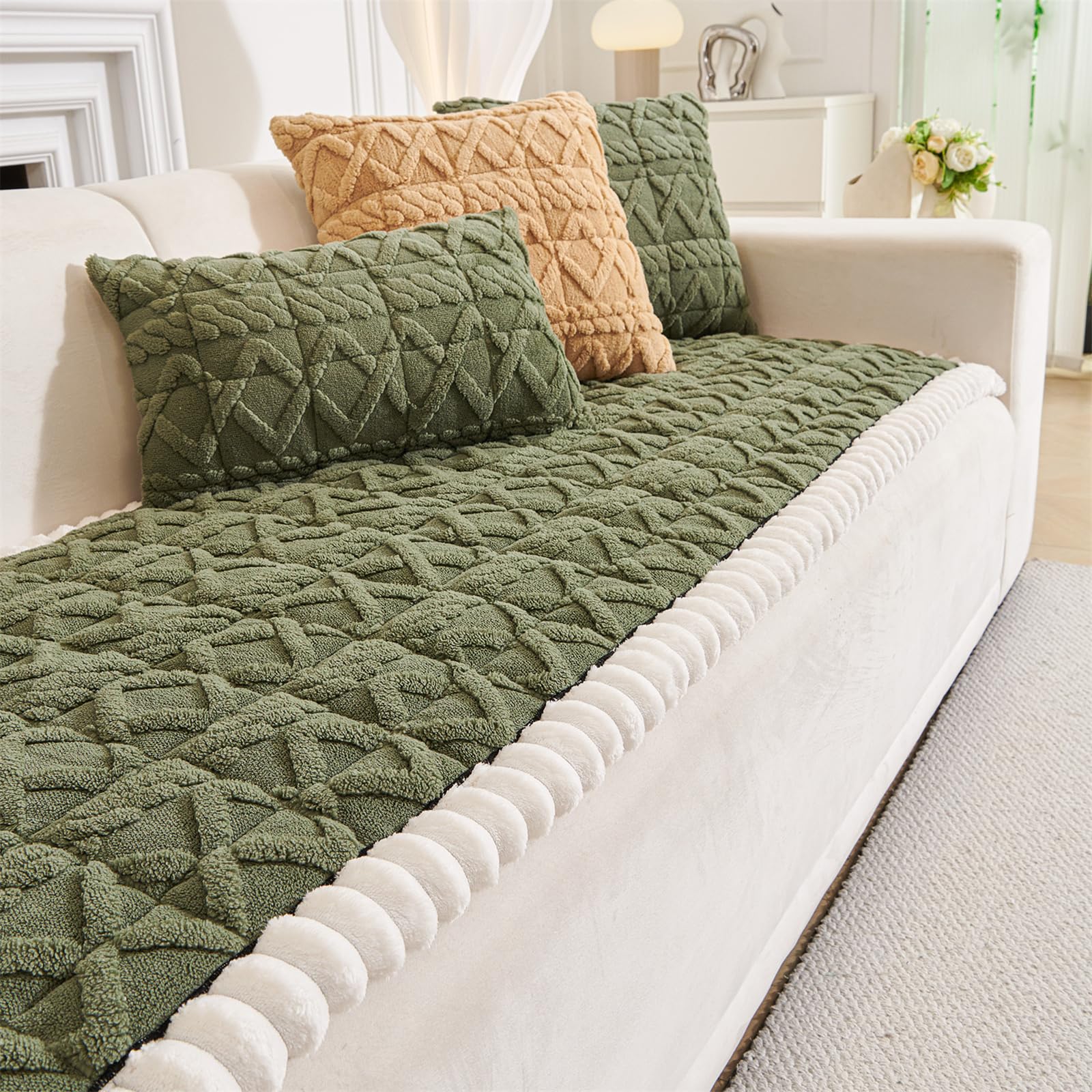 LINGKY Sofa Covers 1 2 3 4 Seater Non Slip Sofa Slipcovers Super Soft Fluffy & Cozy Jacquard Tufted Sofa Cushion Covers Pet Couch Covers Sofa Protectors from Pets/Kids/Dogs (Dark Green, 90x120cm)