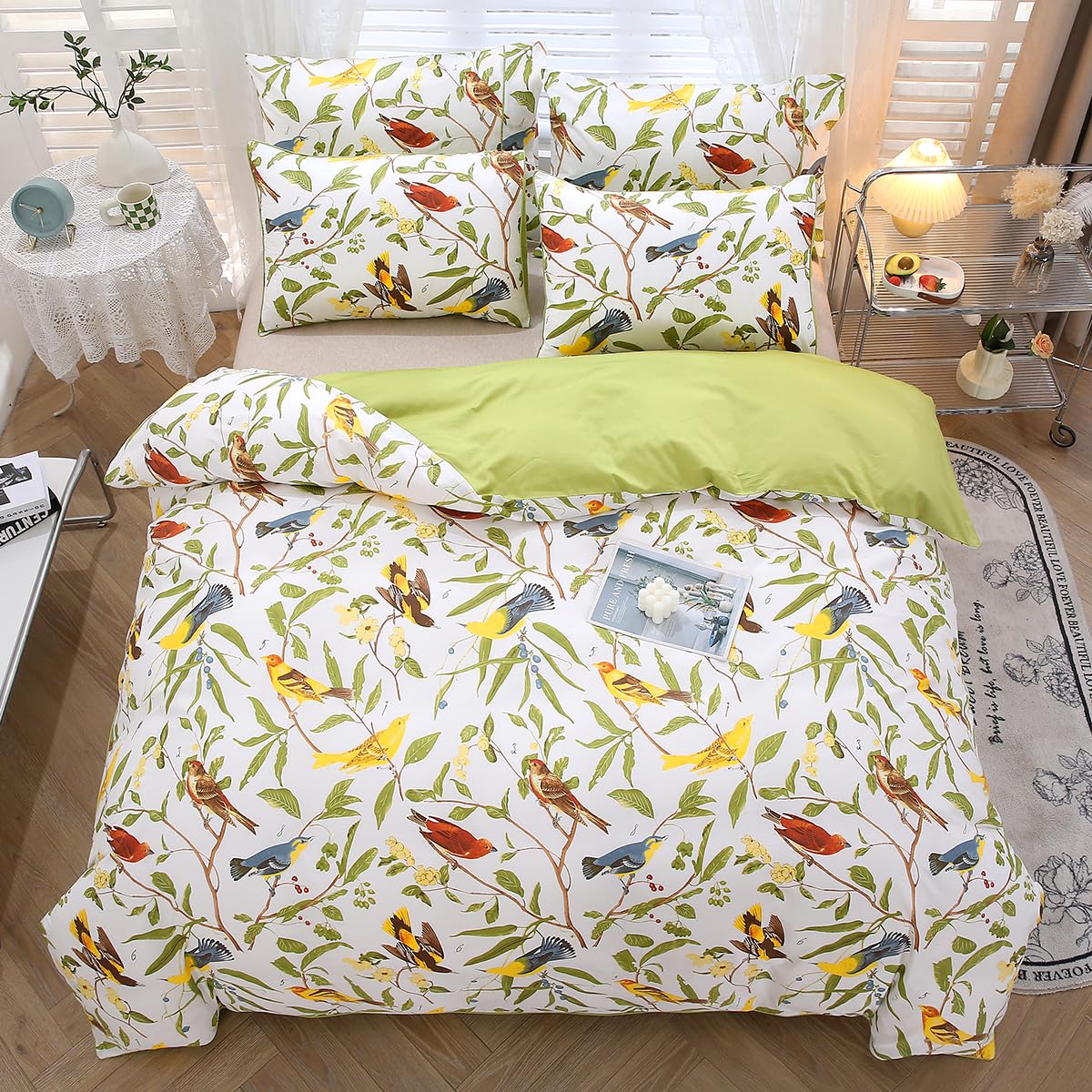 STYHO 3 Pcs Cotton Floral Duvet Cover Sets King Size Green Leaves Birds Printed Bedding Sets Ultra Soft Reversible Rustic Flowers Duvet Set for All Seasons(Birds - Image 3