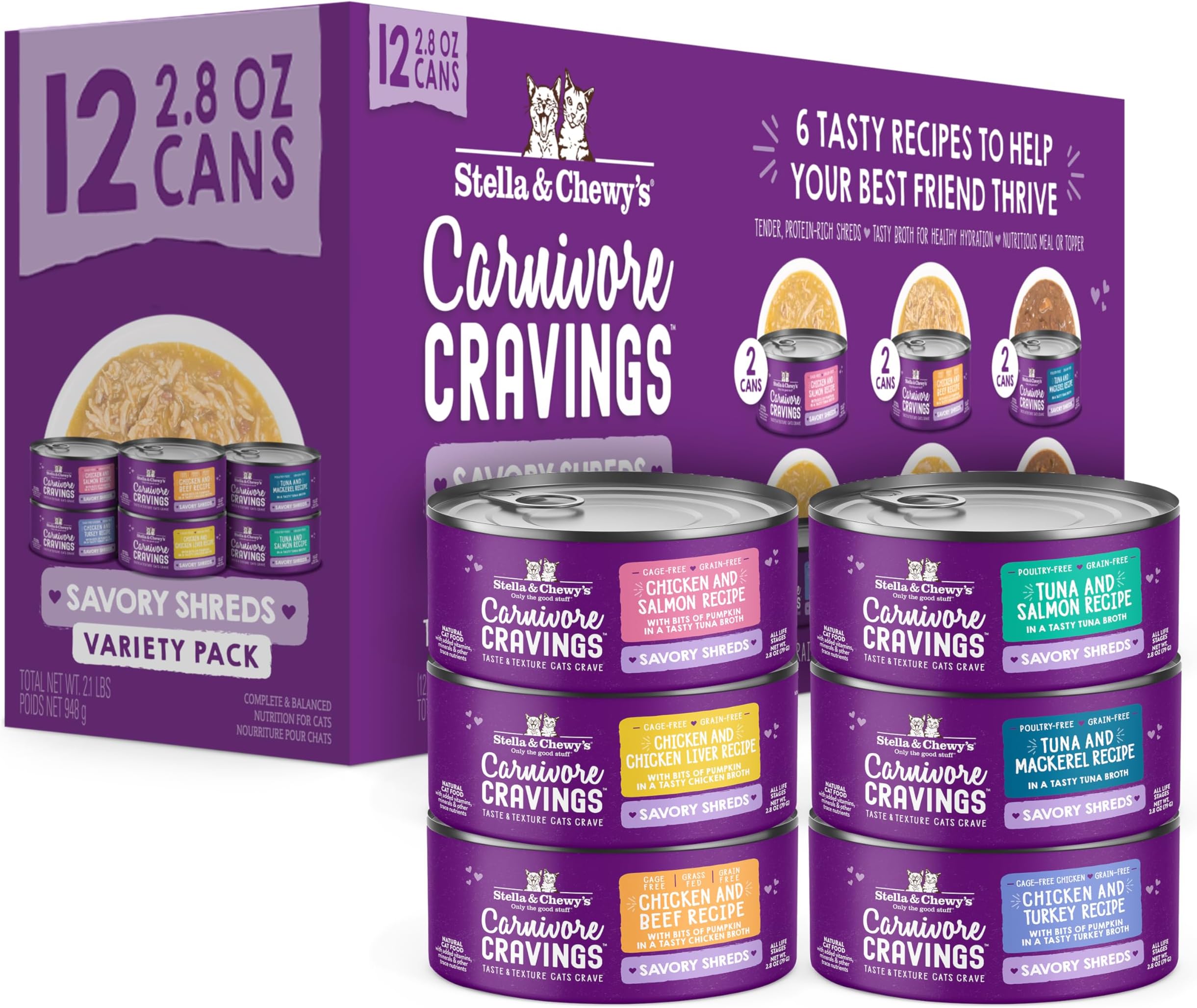 Stella & Chewy’s Carnivore Cravings Savory Shreds Canned Wet Cat Food Variety Pack – (2.8 Ounce Cans, Case of 12)