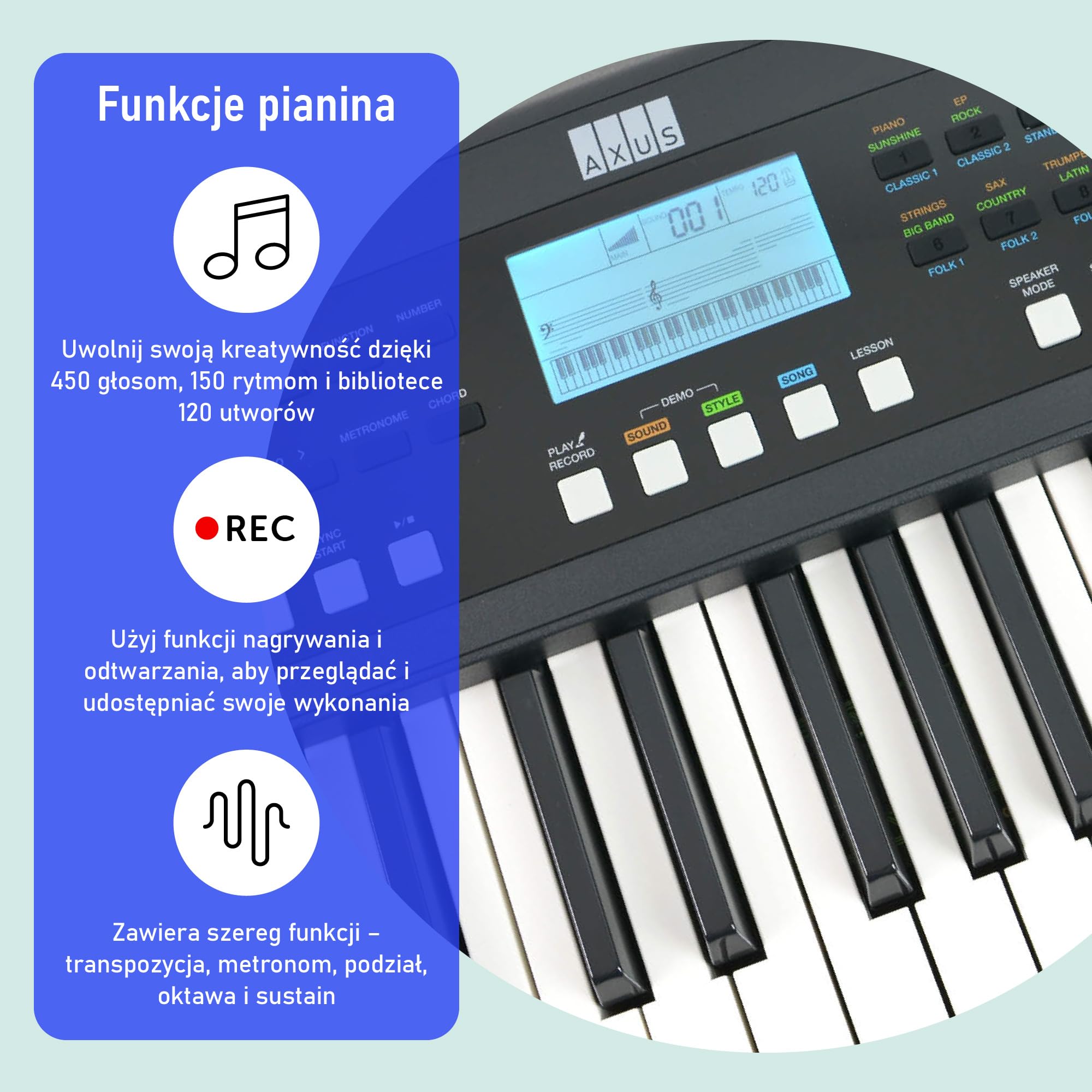 Axus 61 Key Keyboard Piano, Przenośna, Czuła Na Dotyk, Lekka, Wąska Klawiatura Z Uchwytem do Przenoszenia, Zasilaczem, 450 Głosami i Pulpitem pod Nuty