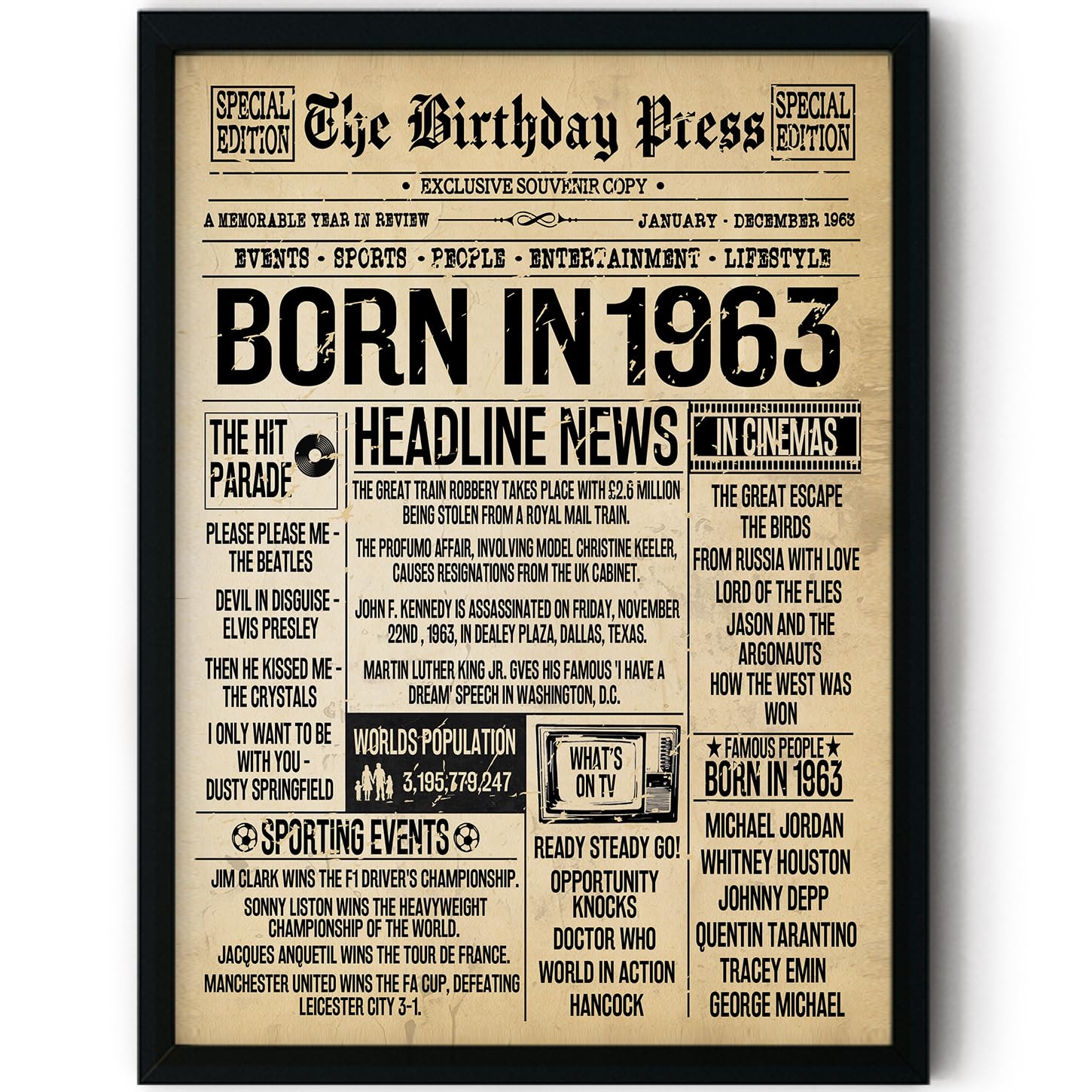 Stuff4 Women's 1963 63Rd Birthday Poster Framed - Born In Vintage Newspaper - Happy 63Rd Birthday Gifts For Men Retro Back In 8X10 Inch Decor Decoration Bday Party