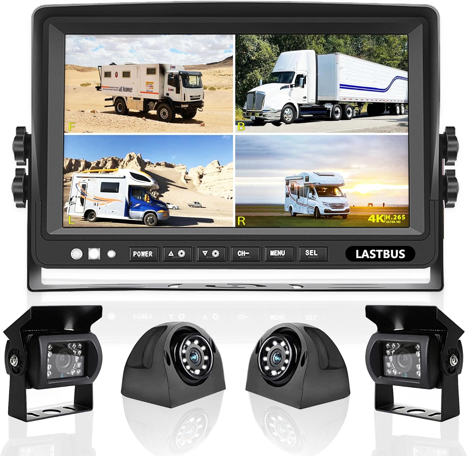 7'' RV Camera System for RV Semi-Truck Trailer Camper, 4 Split Screen Quad View HD DVR Recording Monitor + IP69K Waterproof Night Vision Rear & Side View Backup Camera to Eliminate Blind Spots