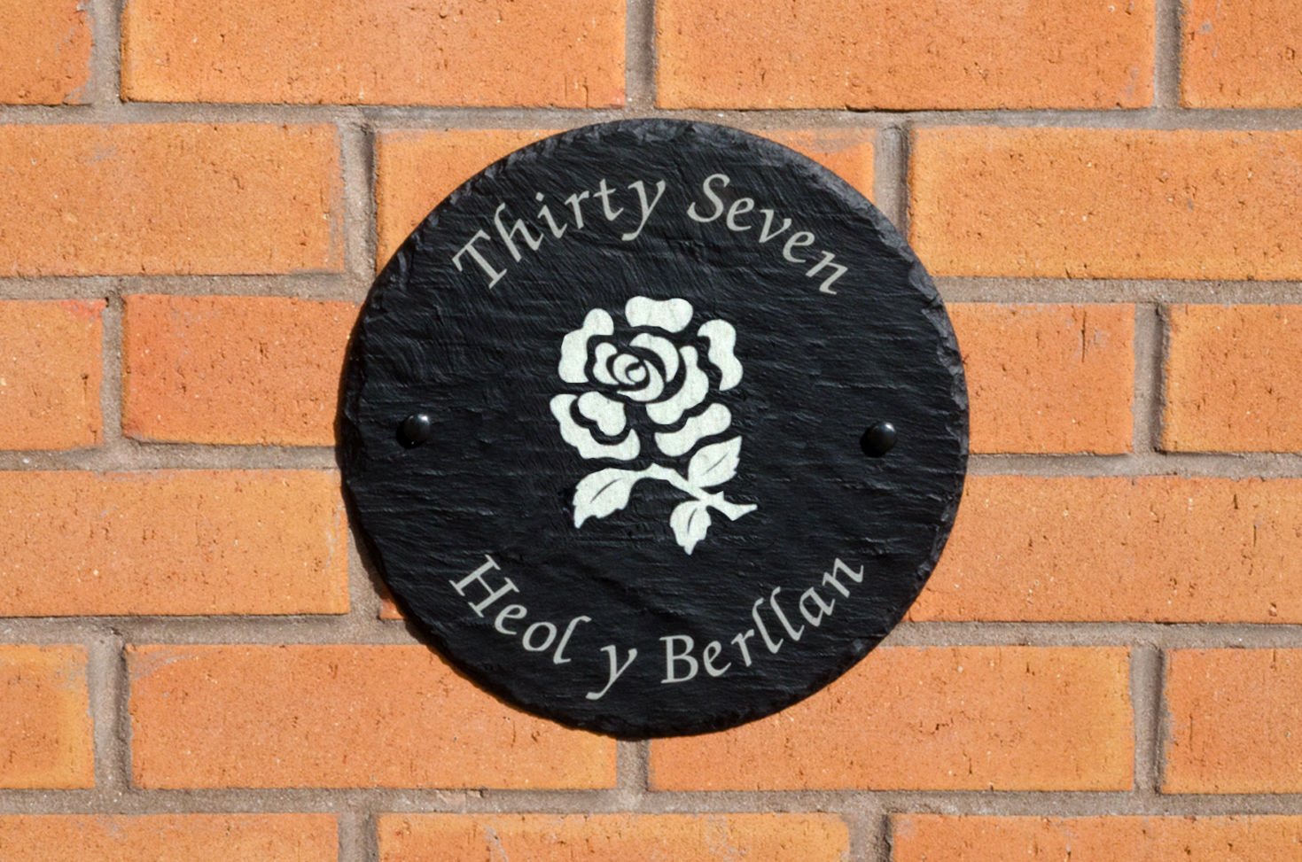 Personalised Large Round Slate Outdoor House/Home Sign Plaque, Engraved With Your House Number And Street Name (Rose)