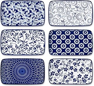 vancasso Selene 8.5 Inch Rectangular Salad Plates Set of 6, Ceramic Salad Plates for Sushi, Dessert, Appetizer, Porcelain Platters for Kitchen Decor, Microwave & Oven Safe, Vintage Blue & White Color