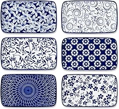 vancasso Selene 8.5 Inch Rectangular Salad Plates Set of 6, Ceramic Salad Plates for Sushi, Dessert, Appetizer, Porcelain Platters for Kitchen Decor, Microwave & Oven Safe, Vintage Blue & White Color