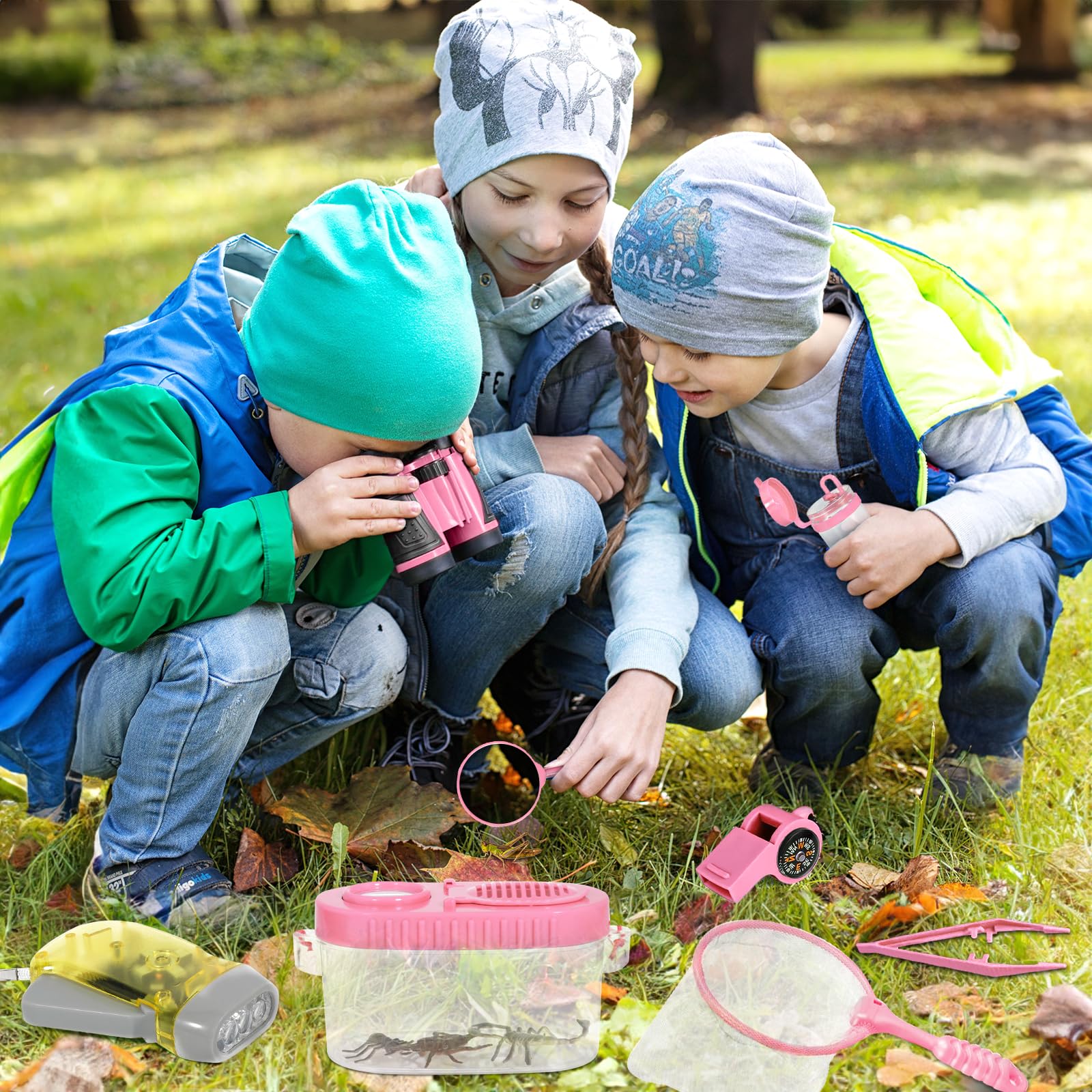 23 PCS Kit Esploratore Bambini, Set di Esplorazione per Bambini, Set Explorer Outdoor Giocattoli, con Binocolo, Cappello, Gilet, per età 3+, Anni, Kit di esplorazione Regalo (Rosa)