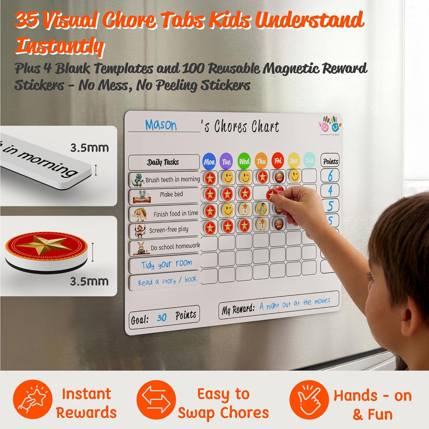 Mimi Doodle Magnetic Chore Chart for Kids – 16x12 Dry Erase Daily Responsibility Board for Fridge with 39 Chore tabs, 100 Reward Stickers – Behavior Chart for Kids at Home – Simple Theme