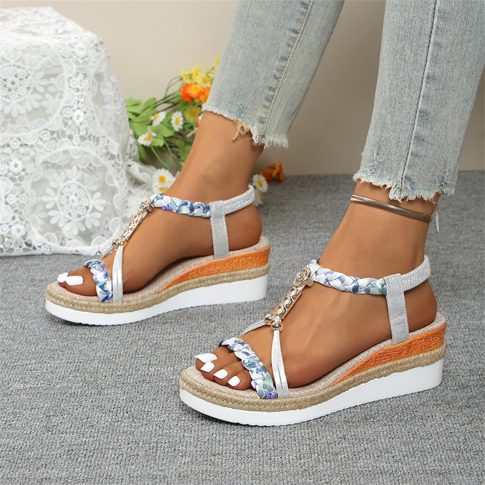 Generico Sandalidonna Estive Eleganti Estivi Con Zeppa Da Donna Traspiranti Antiscivolo Punta Comodi Sandali Semi-Rimorchio Scarpe Donna Ortopediche Aperte Ortopedici Comfort 36 Sandalo D'argento 43