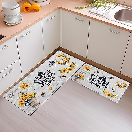 Juego de 2 alfombras de cocina con girasol, antideslizantes, lavables, para suelo de cocina, decoración de cocina con girasol, 17 x 30 + 17 x 47