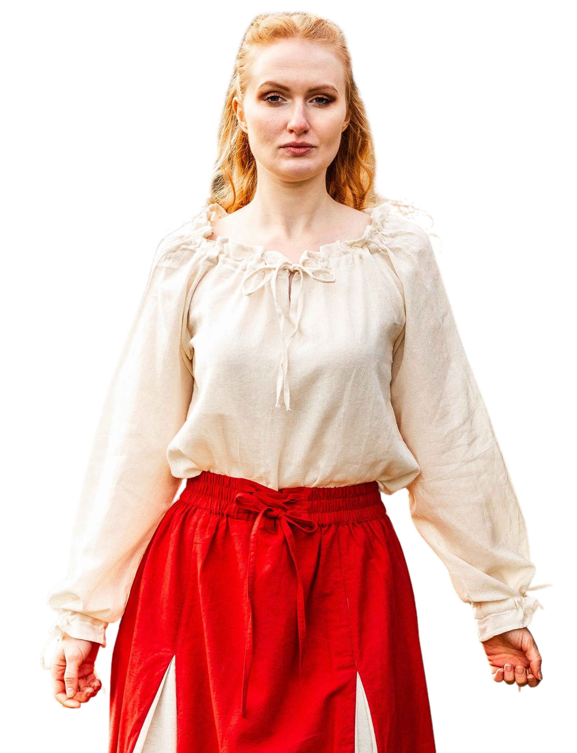 Leonardo Carbone® Damen Bluse Mittelalterbluse Edith | Offenschulterig | Rüschenärmel | Karneval, Halloween, Cosplay, LARP, Kostüm, Mittelalter, Festkleidung | 100% Baumwolle Natur L