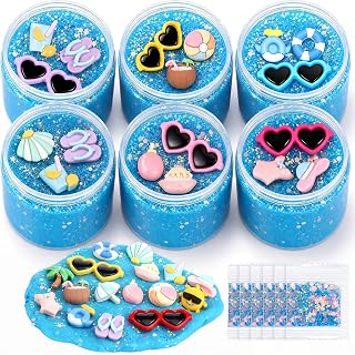 Thenshop Summer Beach Play Jars Set of 6 with 20 Resin Accessories Glitter Sensory Modeling Clay Kits in Reusable Containers Non-Toxic Tactile Crafting Favors for Travel and Party Gifts