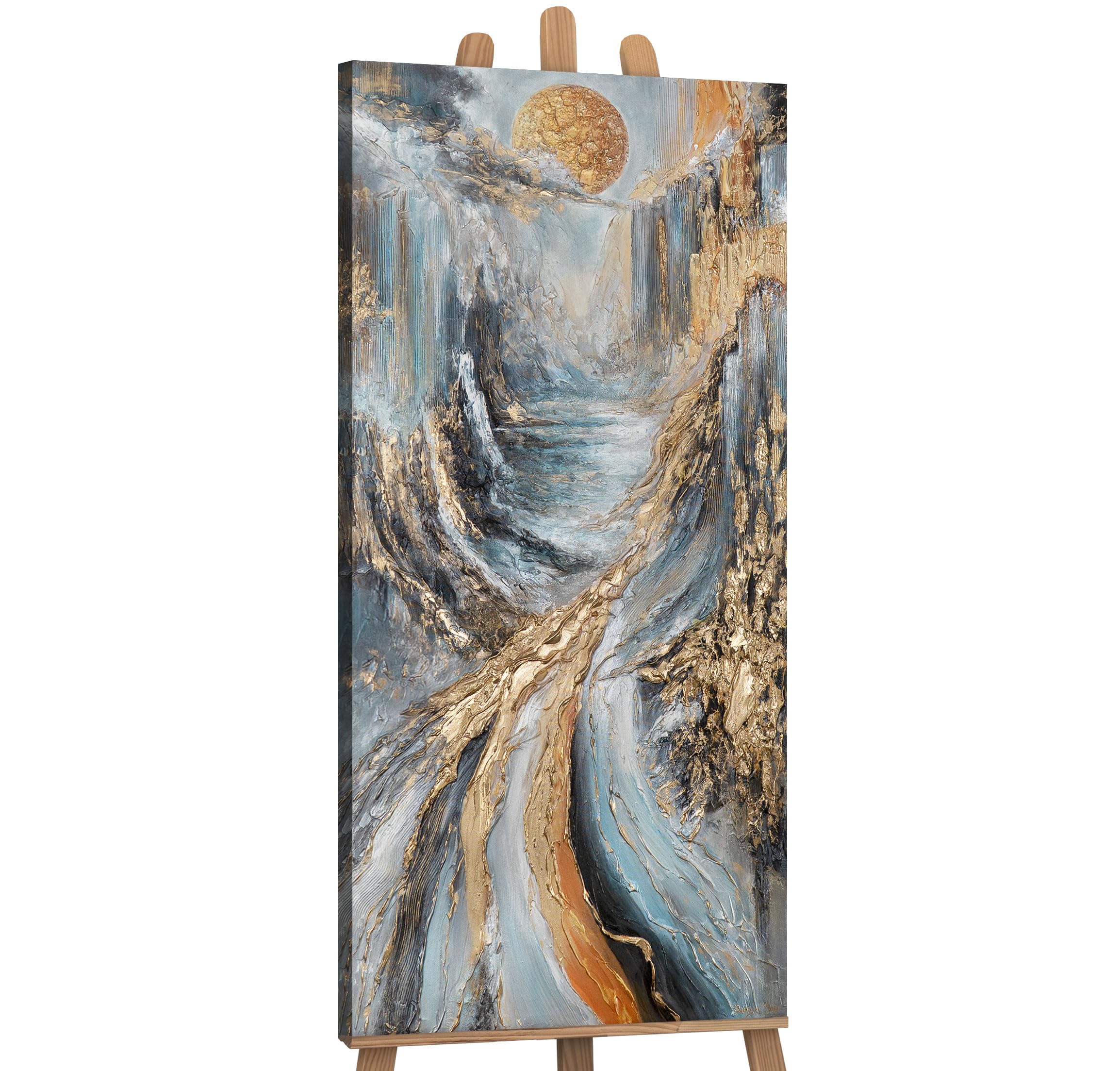 YS-Art Original Acrylic Painting | Abstract Gold and Grey River Landscape | Mountain Scenery Canvas | Modern Wall Art 45x20 inch