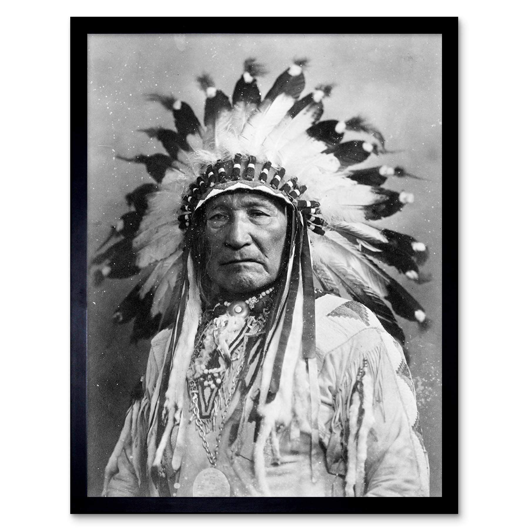 Artery8 Framed Print - Native American Mountain Chief - 12x16" - Grey