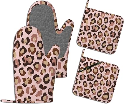 Oven Mitts and Pot Holders Sets,Pink Leopard Thick Cotton Kitchen Oven Mitt Set,Cheetah Printed Waterproof Anti-Slip Silicone Mittens for Baking,Cute Cooking Utensils Set for Bakeries Barbecues