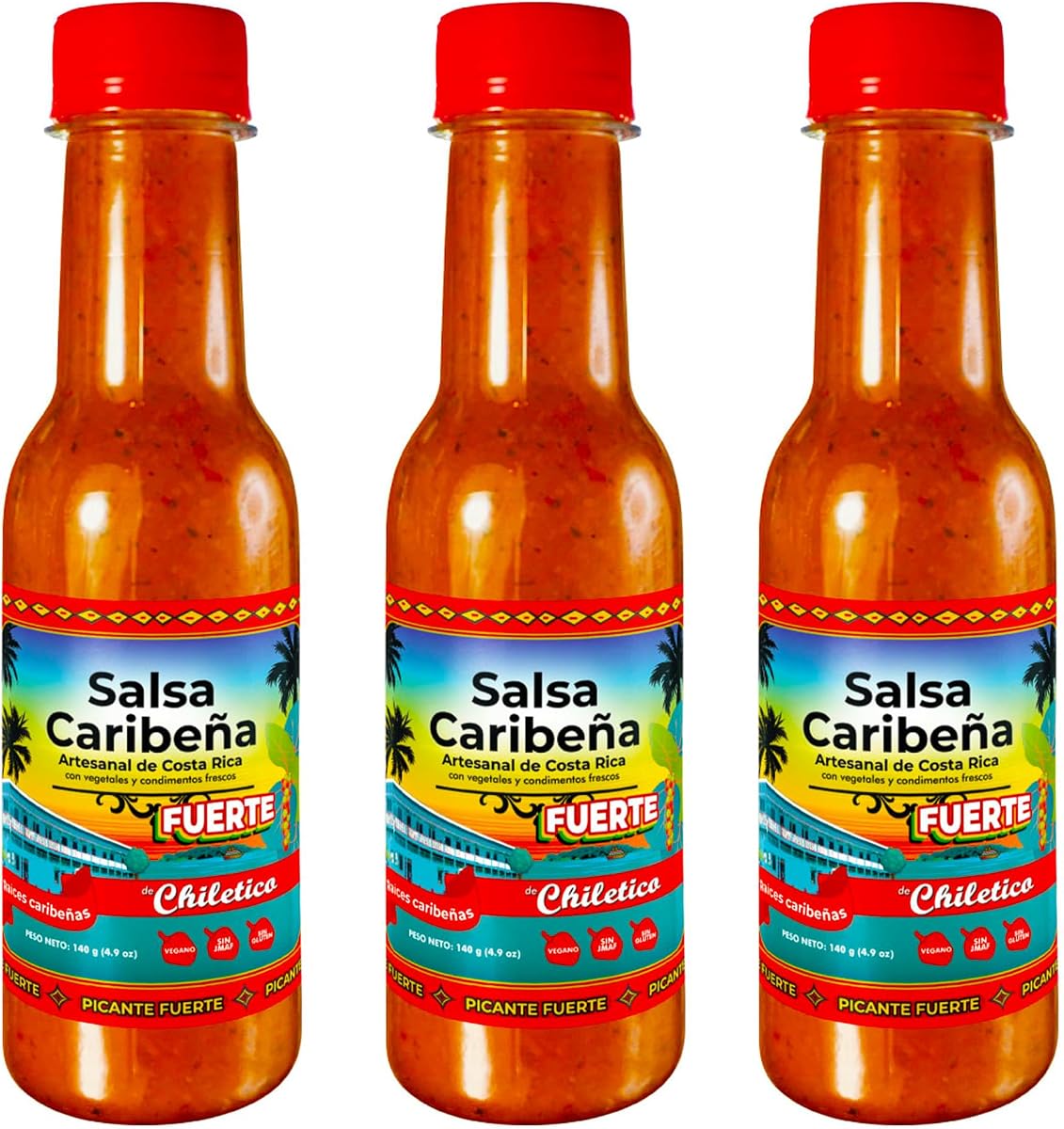 Chiletico Caribbean Hot Sauce – Authentic and Artisan Costa Rican Salsa Picante – Bold Heat with Tropical Flavor – 4.9 oz Each Bottle 3-Pack