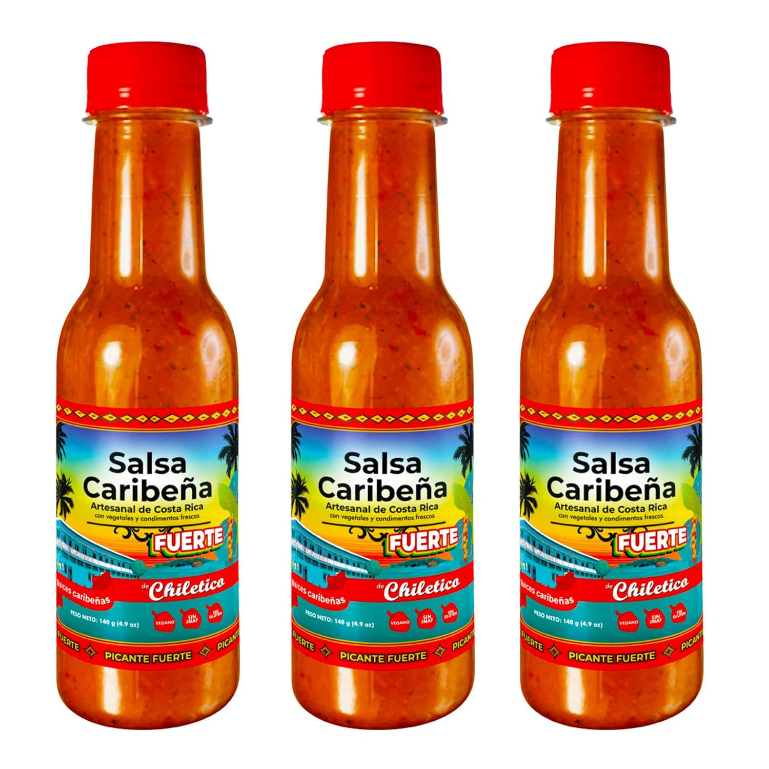 Chiletico Caribbean Hot Sauce – Authentic and Artisan Costa Rican Salsa Picante – Bold Heat with Tropical Flavor – 4.9 oz Each Bottle 3-Pack