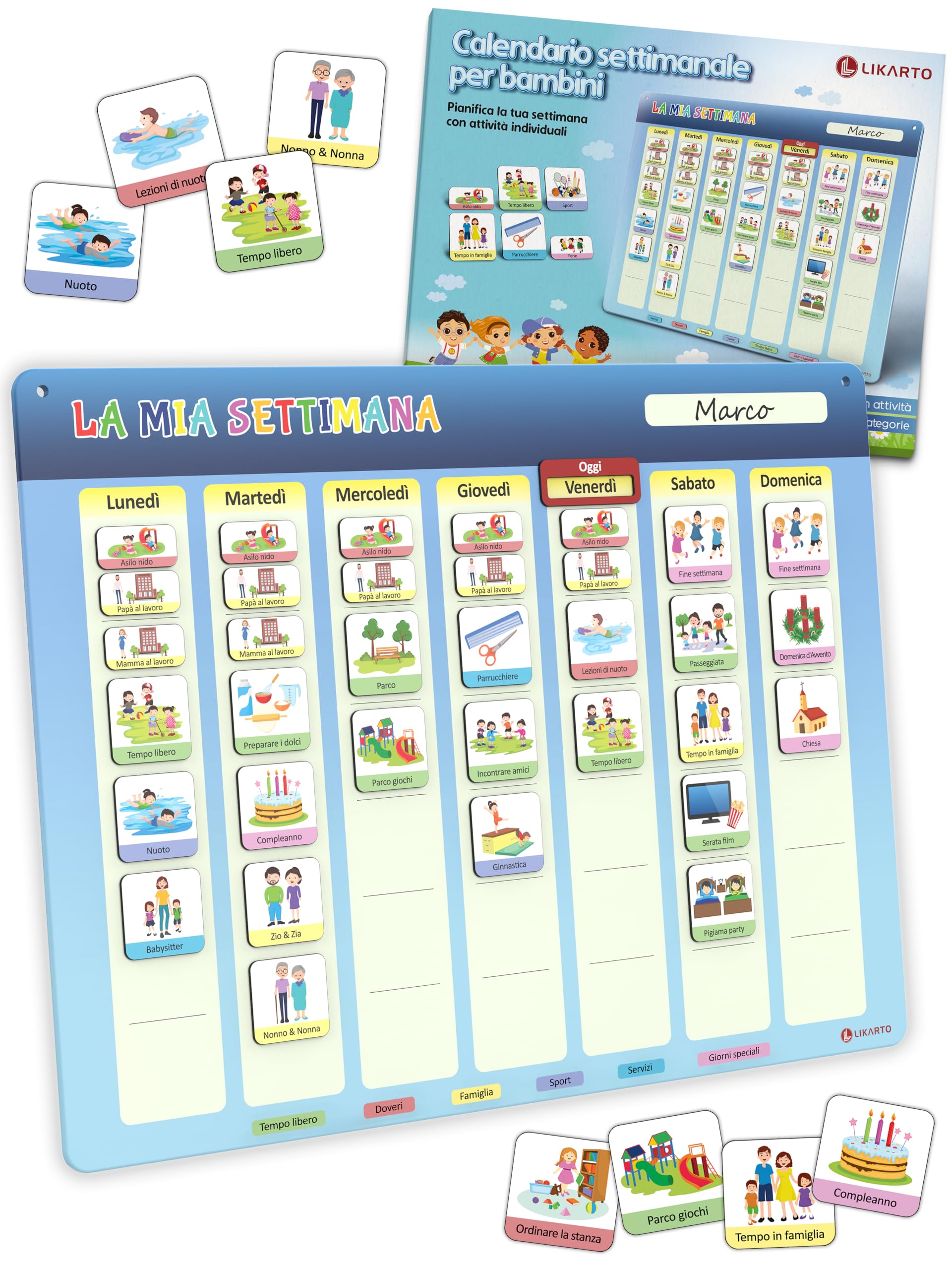 LIKARTO Calendario settimanale per bambini - Lavagna magnetica da parete Montessori con 198 magneti e cordoncino - completamente scrivibile e cancellabile - Promuovere l'indipendenza