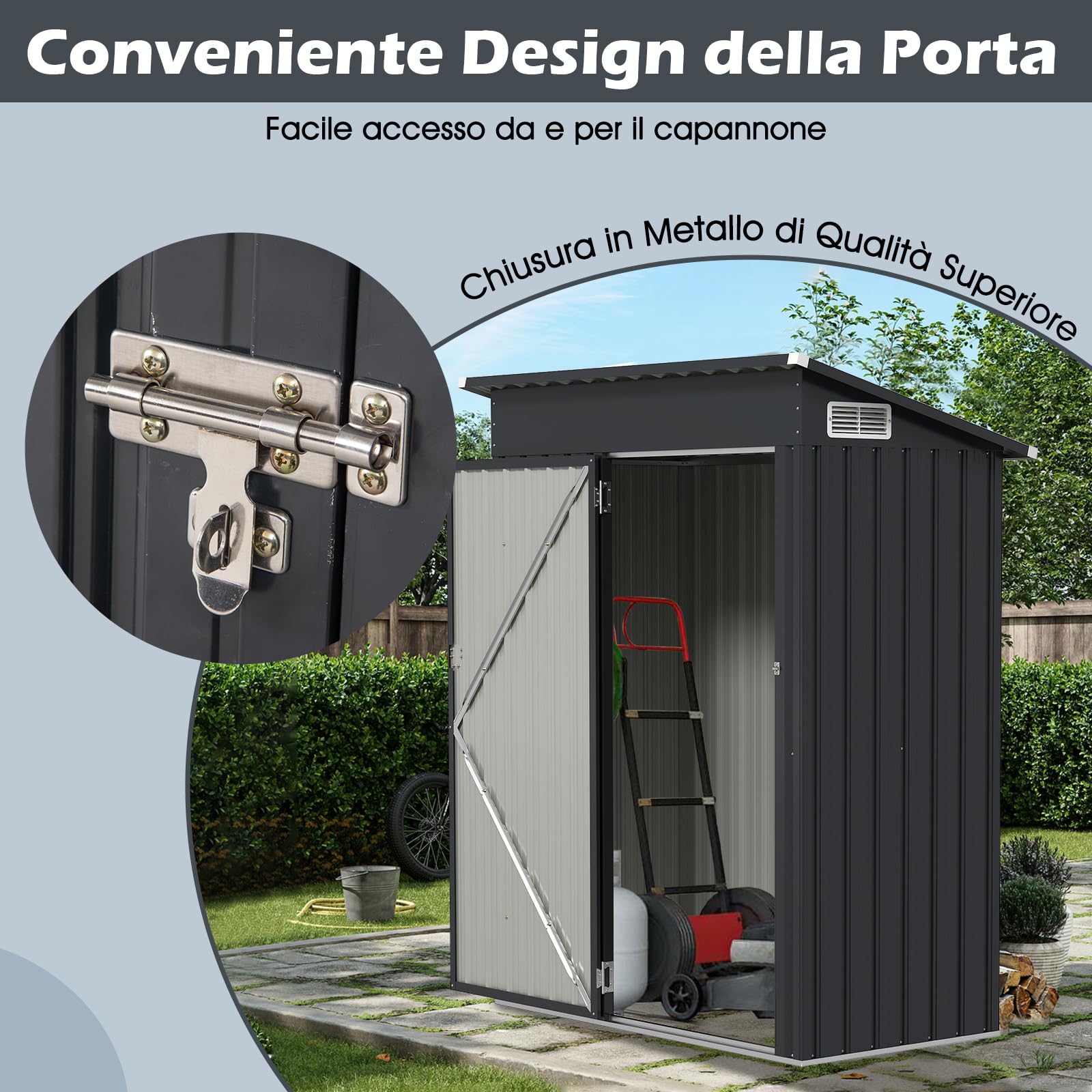 RELAX4LIFE Casetta da Giardino per Attrezzi,150x88x185 cm in Lamiera d'Acciaio e e Lamiera Zincata con Doppie Porte, Tetto Inclinato, per Porta Attrezzi, Tosaerba, 2 Paia di Guanti (GRIGIO 2)