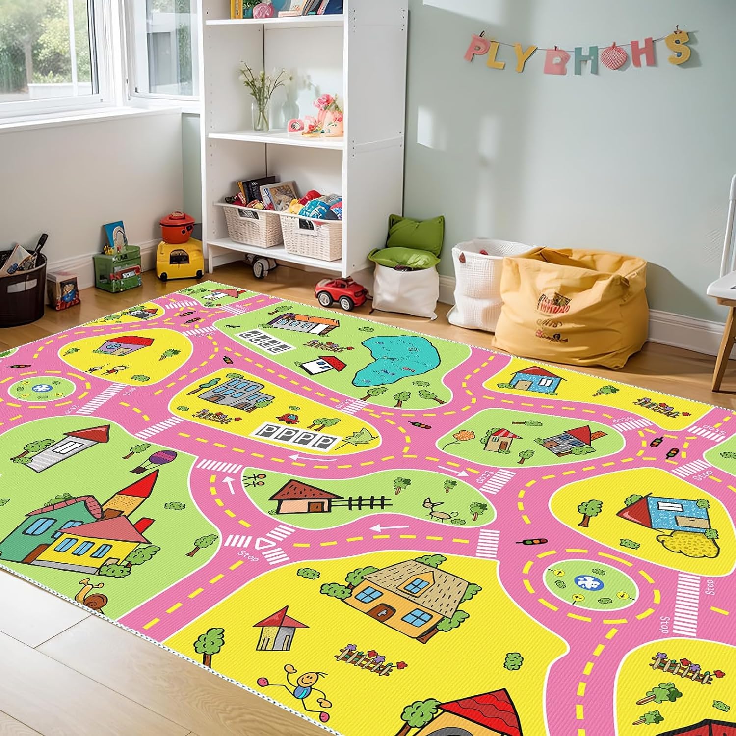 Kids Race Track Rug Play Mat – Car Rug for Toy Cars, Play Area, Polyester, Machine Washable, Multiple Sizes for Playroom Decor