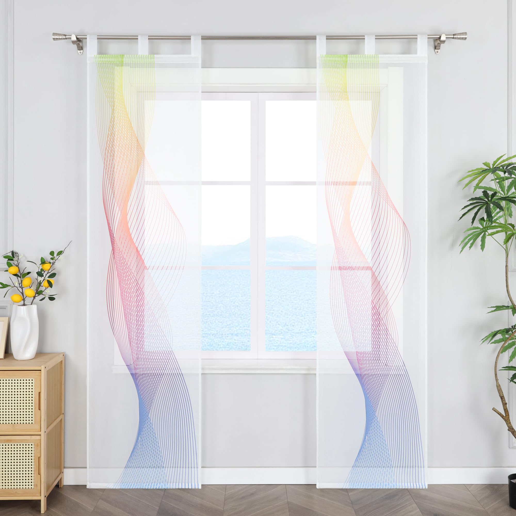 ESLIR Schiebegardinen Set 2er Flächenvorhang Kurz Schlaufenschals Gardinen mit Schlaufen Schiebevorhänge Transparent Vorhang mit bunten Streifen-Design Modern Weiß BxH 57x245 cm 2 Stück