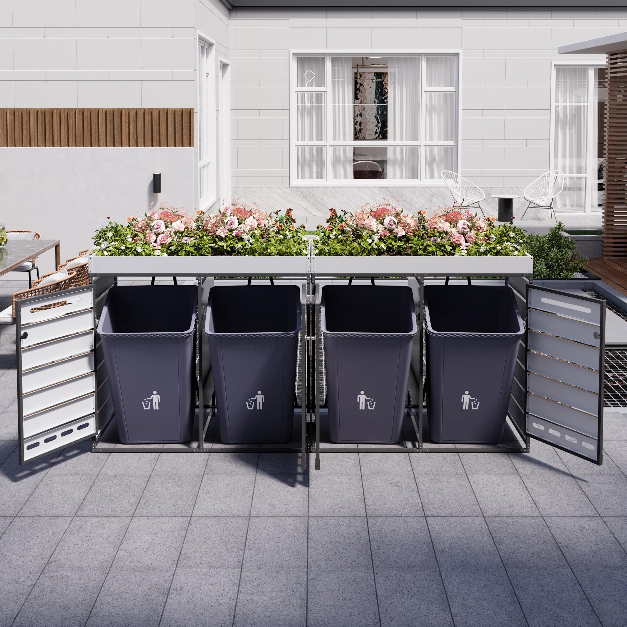 Contenedor de basura con jardinera, armario de almacenamiento de jardín de hierro con 4 compartimentos de almacenamiento, aspecto de madera horizontal, ventilación, cerradura