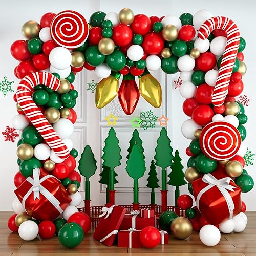 Miniatura 2 de DBKL Kit de guirnalda de globos de 152 piezas para Navidad, rojo, blanco, verde, dorado, bastón de caramelo, caja de regalo, globos de aluminio de
