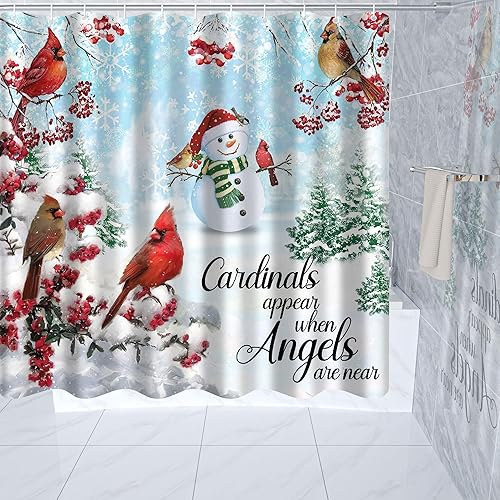 Miniatura 2 de Juego de 4 cortinas de ducha de pájaros cardenales rojos con alfombras, cubierta de tapa de inodoro, cortina de ducha de Navidad con 12 ganchos,
