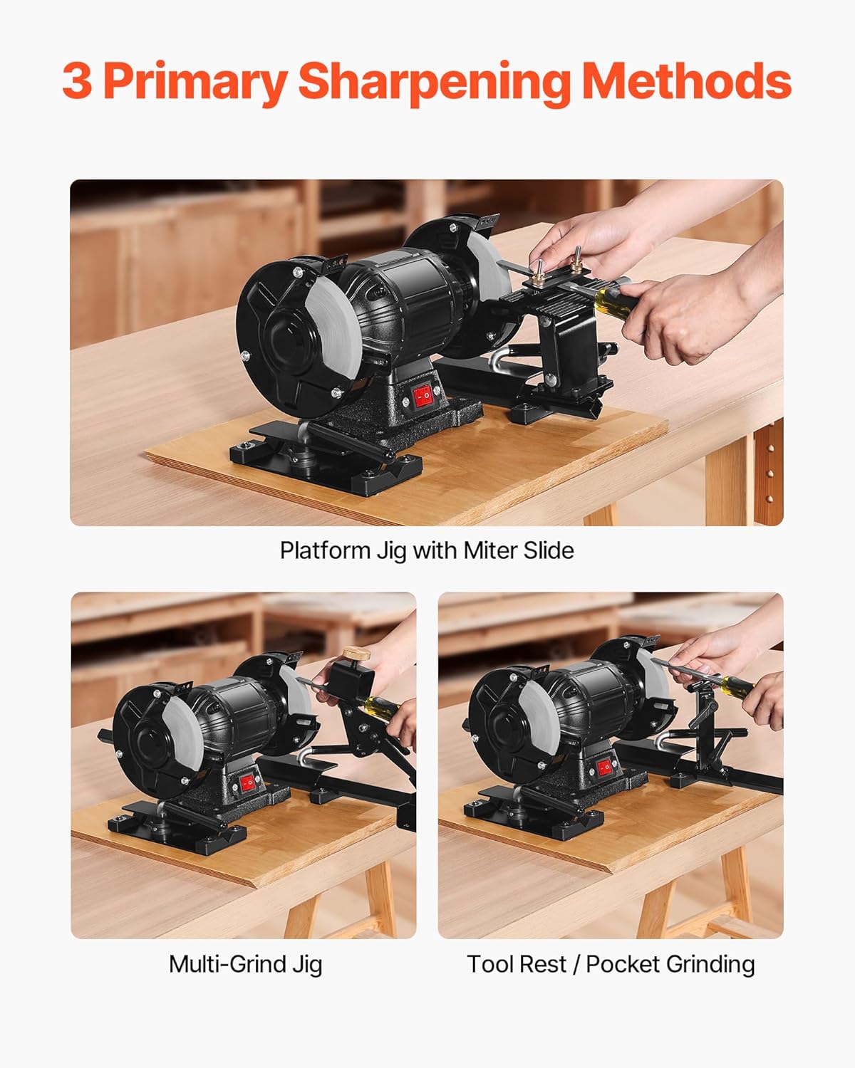 VEVOR Pro Grind Sharpening System, Multi-Grind Sharpening Jig for 6" & 8" Bench Grinder - with Platform Jig, Tool Rest Bar, Setup Block, Miter Slide, Micro Bevel Block, for Chisels Woodturning Tools