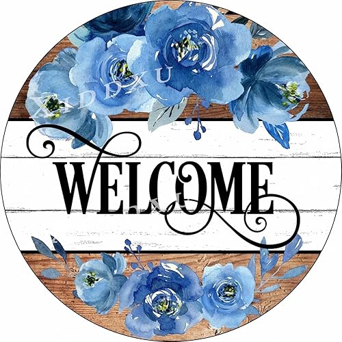 Letreros redondos de madera de bienvenida con rosas azules y blancas de bienvenida, letrero decorativo floral para puerta delantera, decoración de