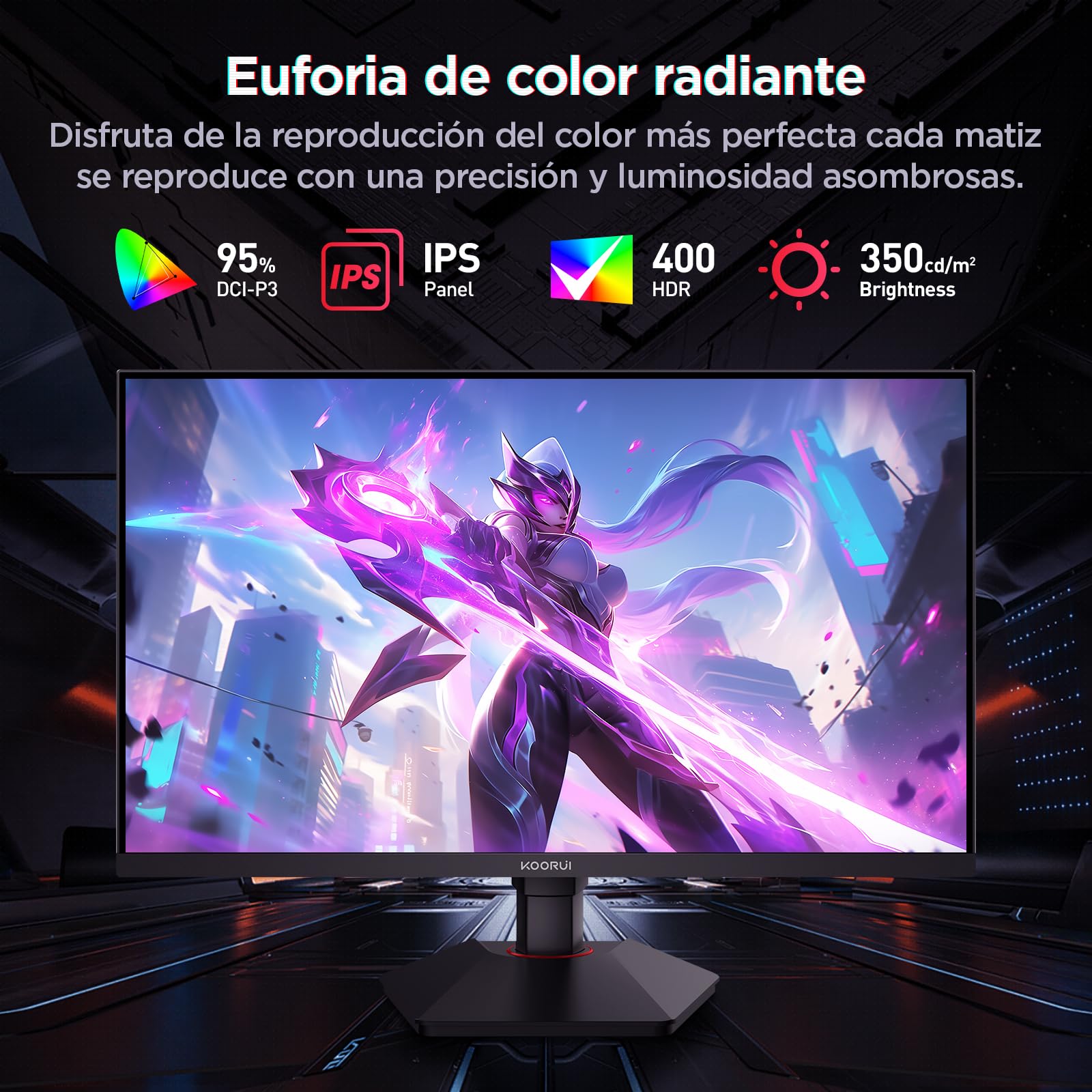 KOORUI G2722P Monitor Gaming 27 Pulgadas, 200Hz, Fast IPS, 1ms, Altura Ajustable, QHD (2560x1440, 2xHDMI 2.0, DP 1.4, VESA, Adaptive Sync, 10Bit, HDR400, 95% DCI-P3)