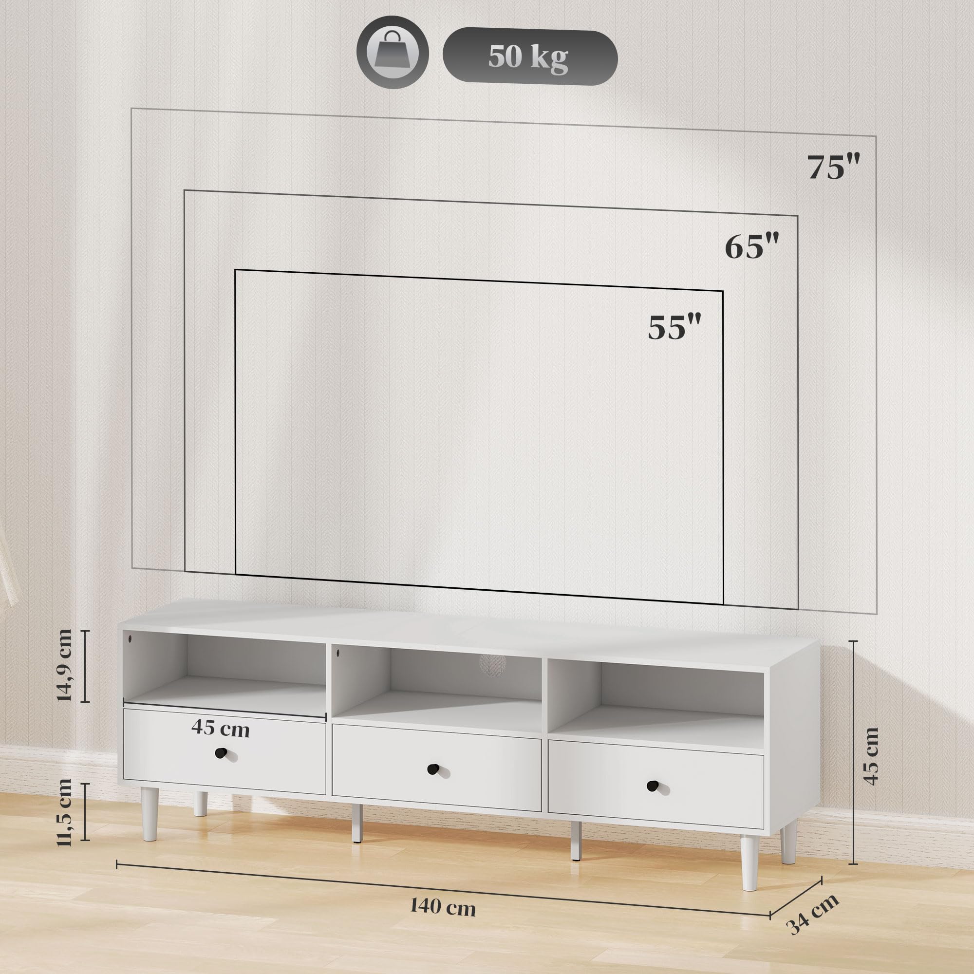 HOMCOM Szafka RTV z szufladami i zarz. kabli 75 cali biała 140x34x45cm