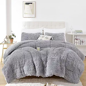 Smoofy Fluffy King Size Comforter Set, Faux Fur Comforter Set, Luxury Fuzzy King Bedding Set, Soft Shaggy Bed Set for All Season, 3 Pieces - 1 Comforter & 2 Pillowcases, Grey