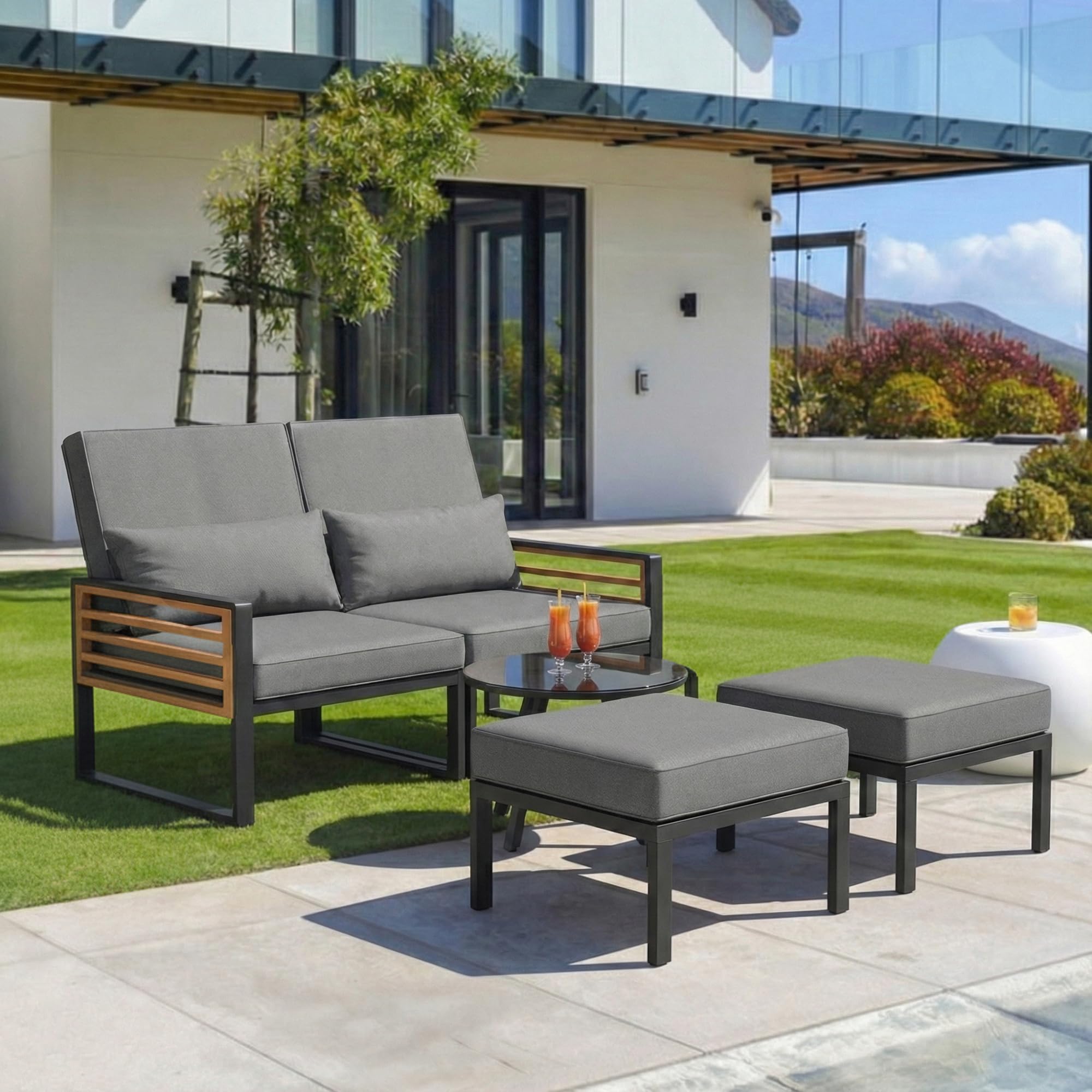Garten-Lounge-Set für 2-4 Personen, Doppel-Liege & Outdoor Daybed mit Verstellbarer Rückenlehne, nutzbar als Outdoor-Sofa, Bett, Inkl. Rücken- und Sitzkissen