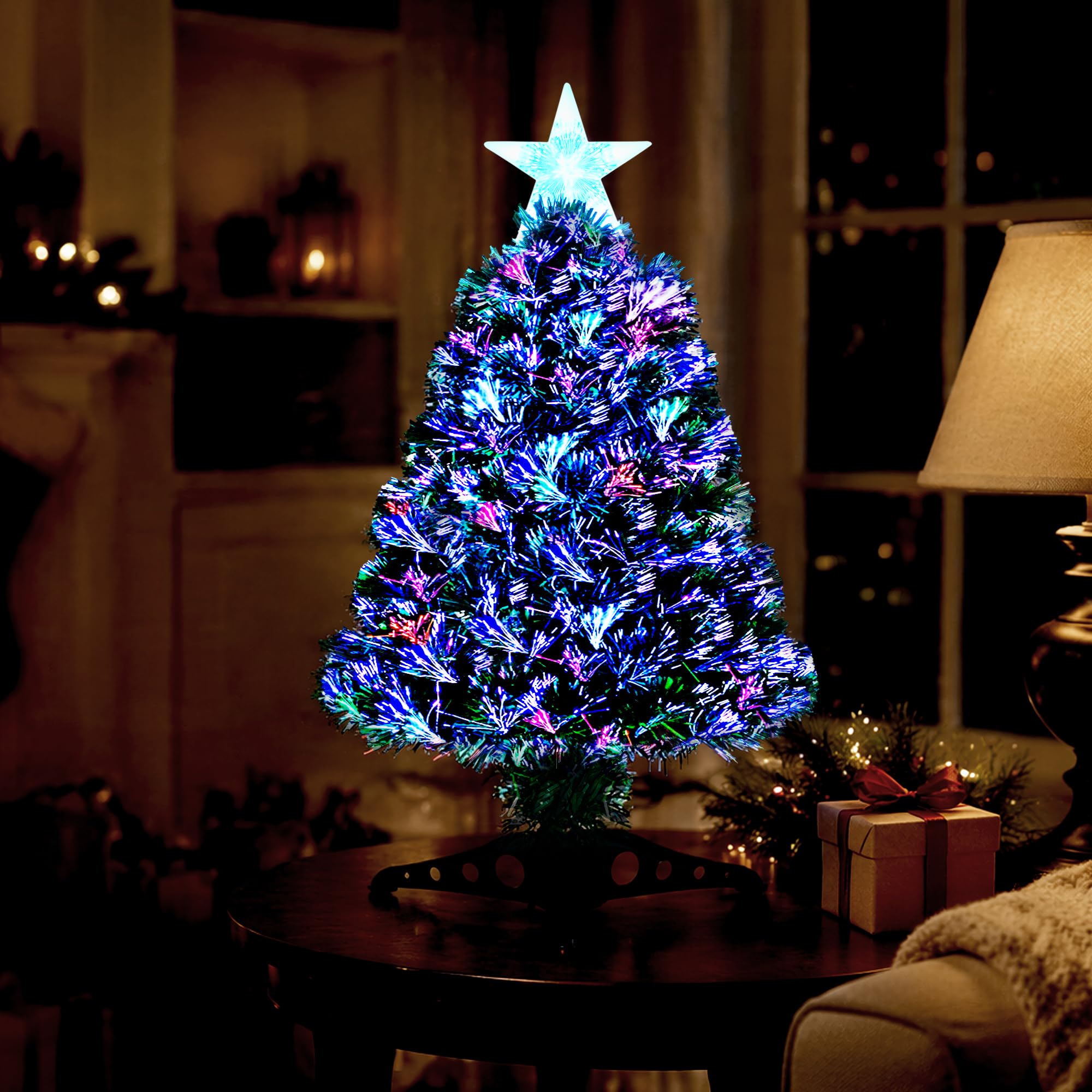 VeryMerry 2FT Fibre Optic Christmas Tree with Timer Lights, Pre-Lit Artificial Mini Xmas Tree, 8 Hours On 16 Hours Off, Tabletop Christmas Decoration