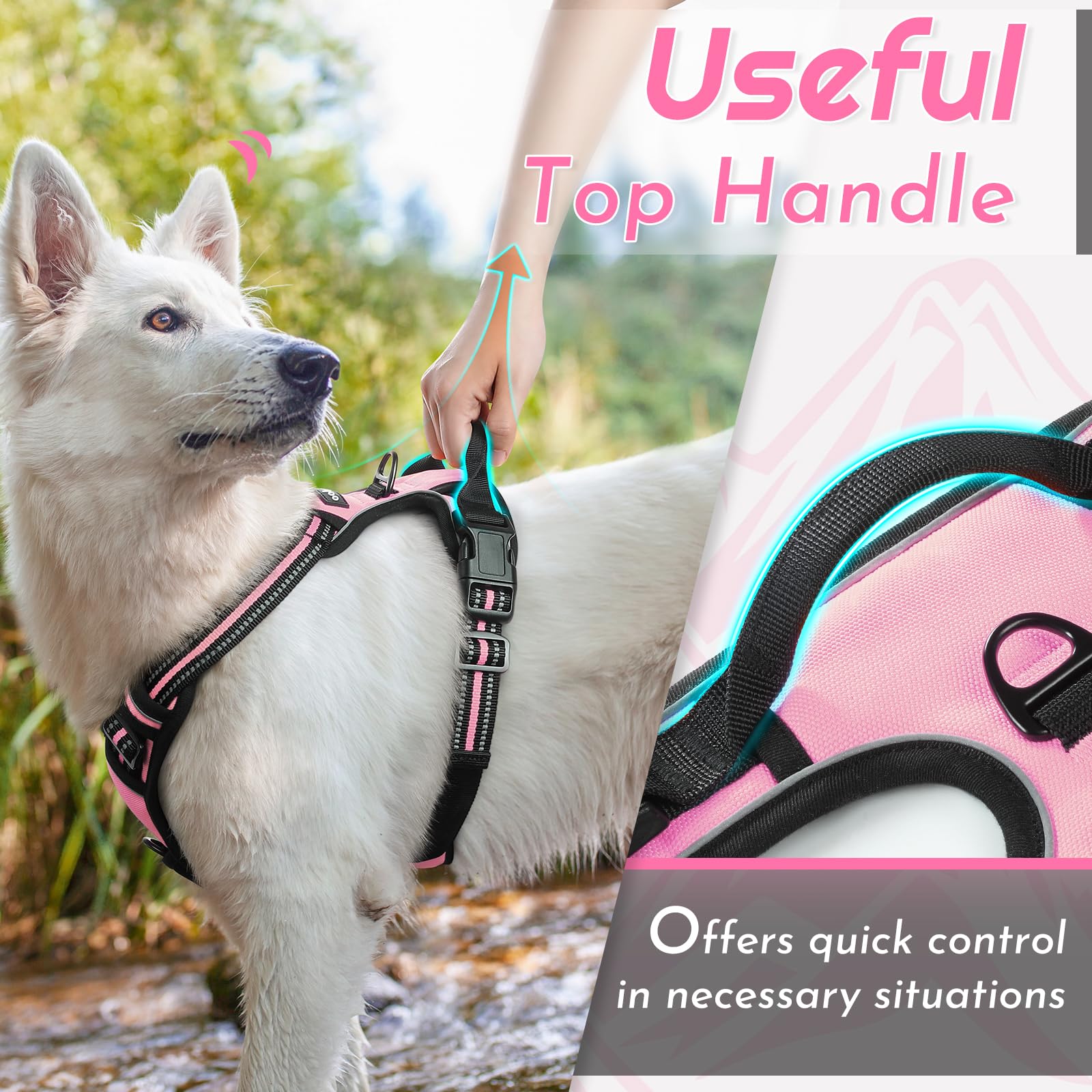 Eagloo Dog Harness for Large Dogs, No Pull Service Vest with Reflective Strips and Control Handle, Adjustable and Comfortable for Walking, No Choke Pet Harness with 2 Metal Rings, Pink, L - image 4
