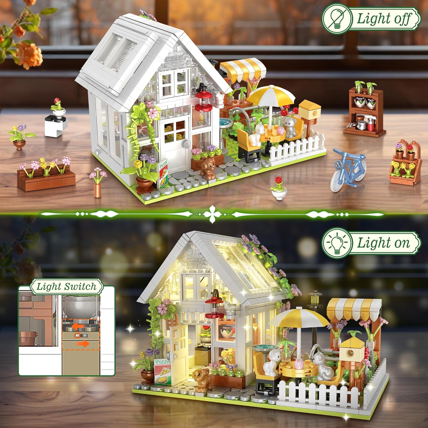 Flower House Building Block for Adults, Garden Architecture Building Toy with LED, Greenhouse Model Building Set, Garden Glass House Building Kit, Christmas & Ideal Gift for Kids 12+ (1188pcs)