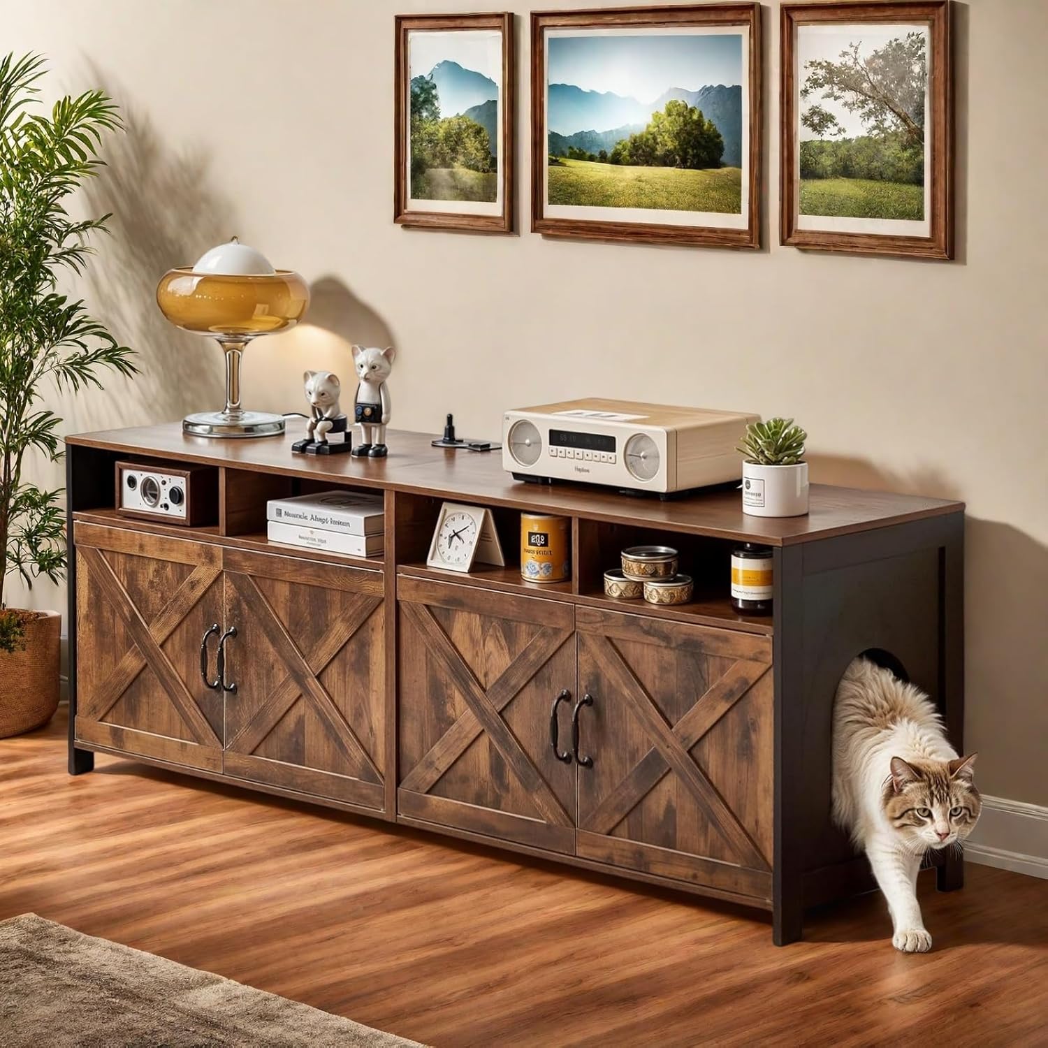 Corner Cat Litter Box Enclosure, 31.5" Hidden Litter Box Furniture for 2 Cats, Indoor Cat House End Table with Double Room, Vintage Brown