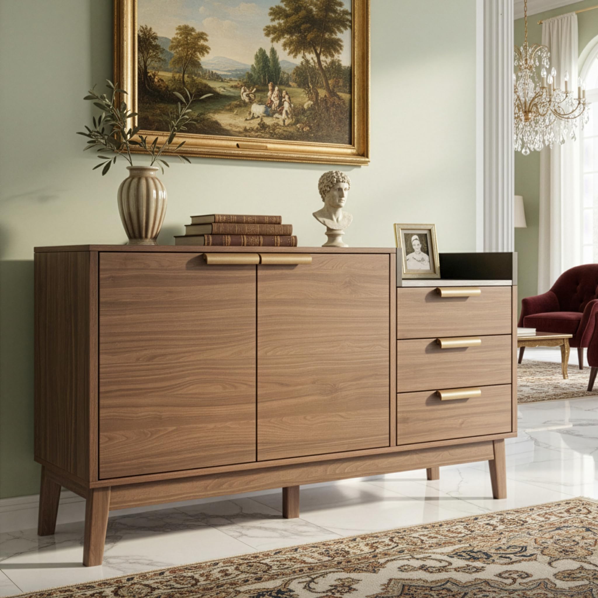 Wohnzimmer Kommode in Eiche Dekor mit Marmor-Optik Platte - Offene Ablage + 3 Schubladen & Doppeltürschrank (innen höhenverstellbar) - Massivholzbeine & kehrroboterfähig, H77/B120/T40 cm Möbel: