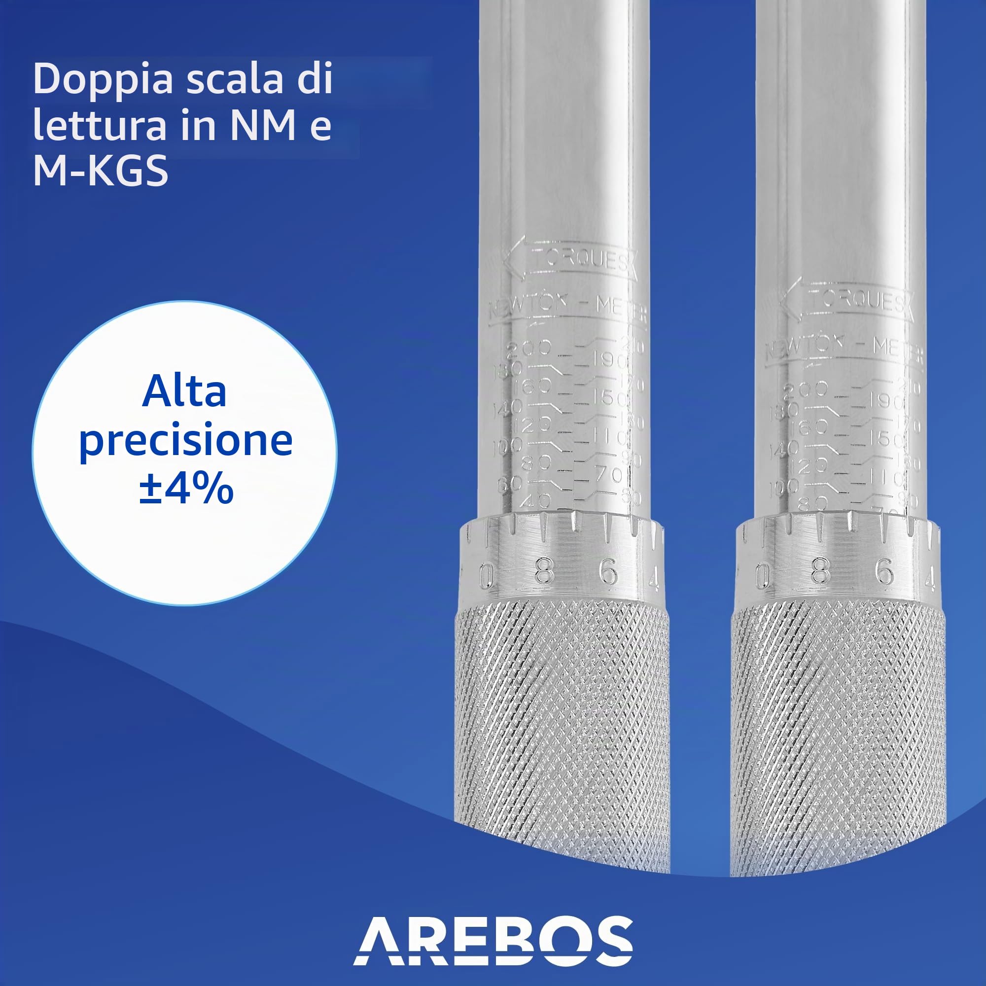 Arebos Chiave dinamometrica per auto 1/2'' 40-210 Nm | Set di 6 chiavi con bussole 17, 19 e 21 mm, prolunga, guanti da montaggio e valigetta | Tolleranza +/- 4%
