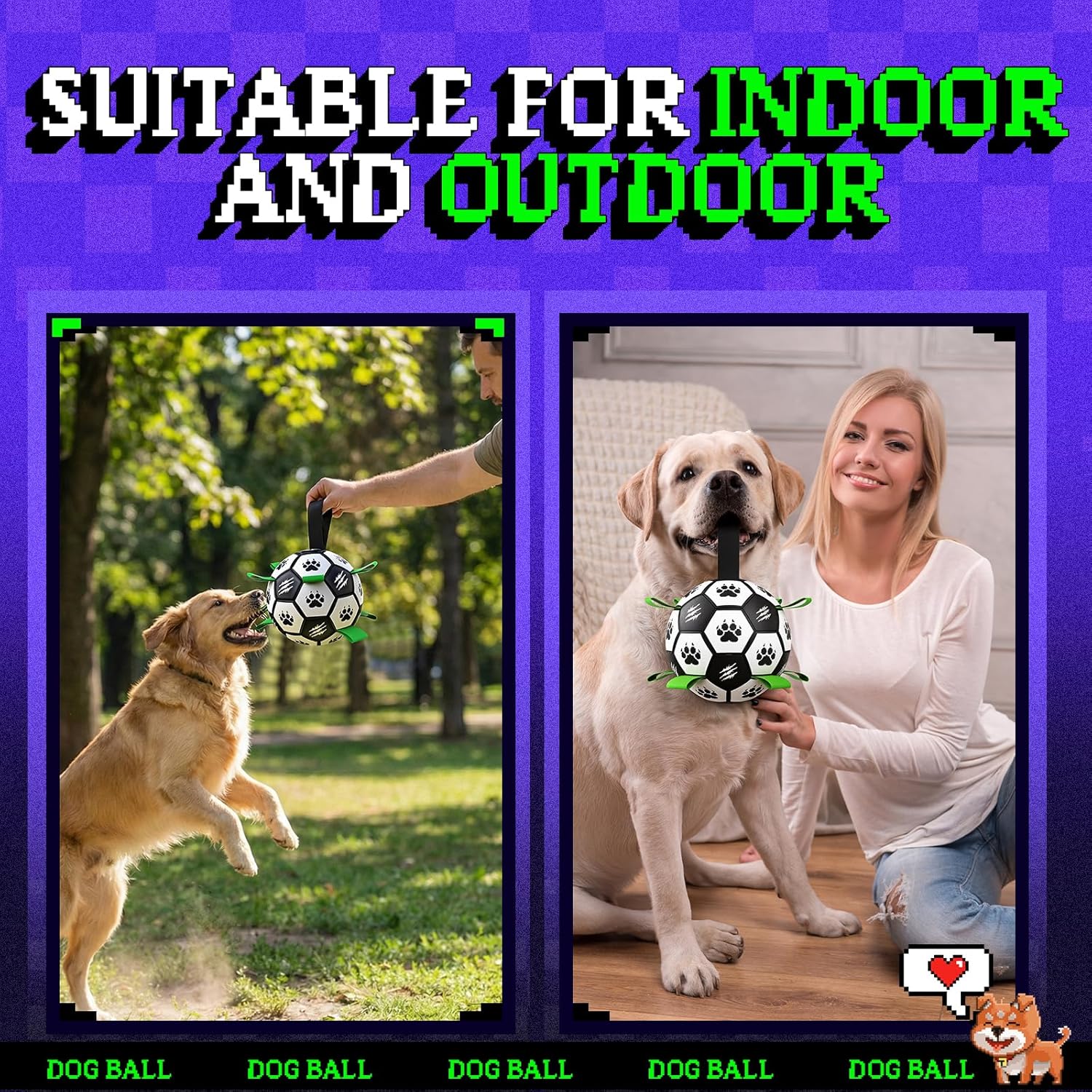 Diman Dog Soccer Ball: 7 Inch Dog Toy Balls with Straps,Durable Outdoor Dog Toys for Medium Large Pets, Dog Birthday Gifts (Black)