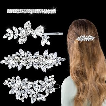 Pack of 4 Glitter Hair Clips Wedding Bridal Hair Clips Silver Bridal Hair with Rhinestones Hair Accessories Jewellery Rhinestone Hair Clips for Women Girls Bridesmaids Party