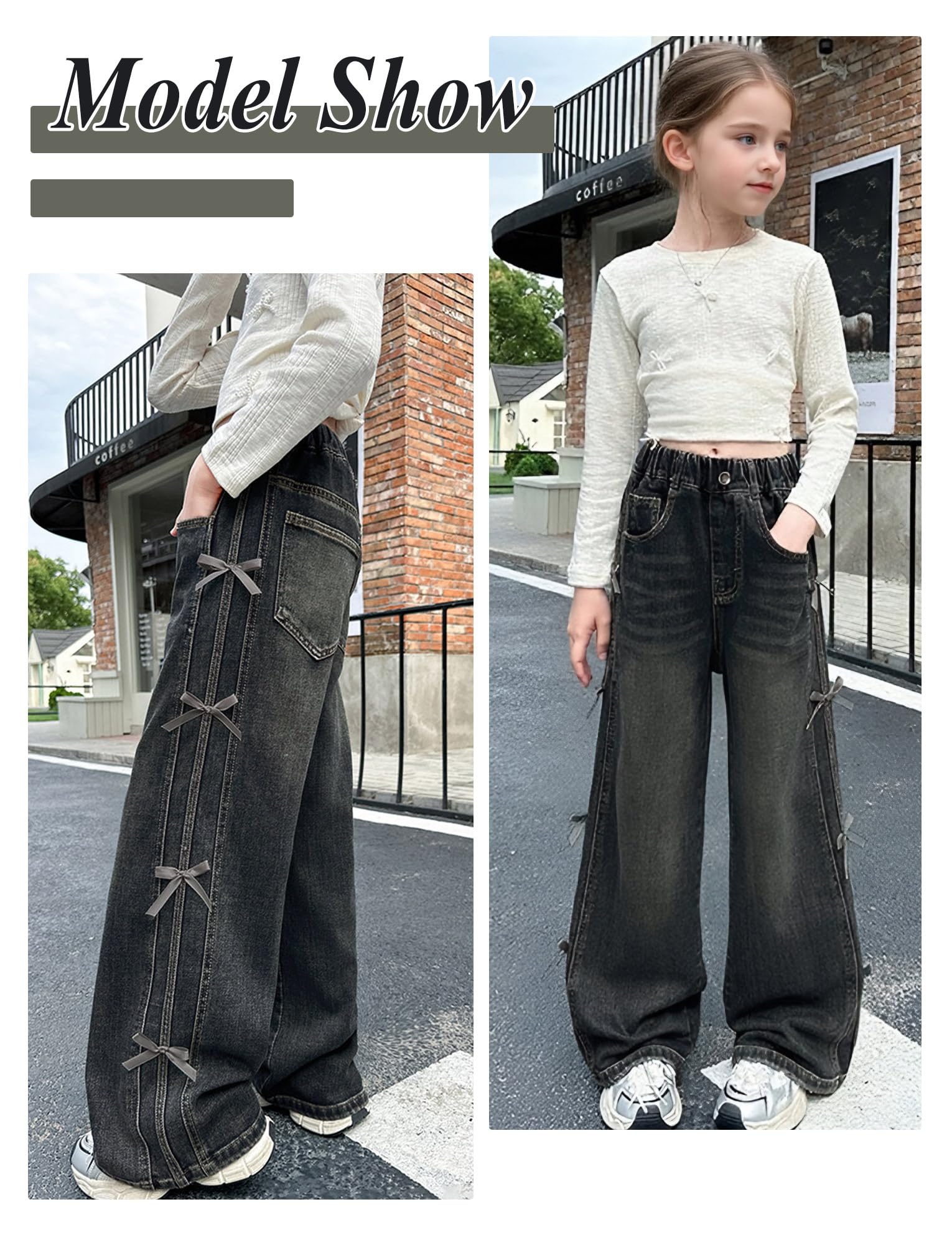 FEOYA Jean Fille Baggy Noeud Denim Élastique Stretch Style Coréen 5-13 Ans