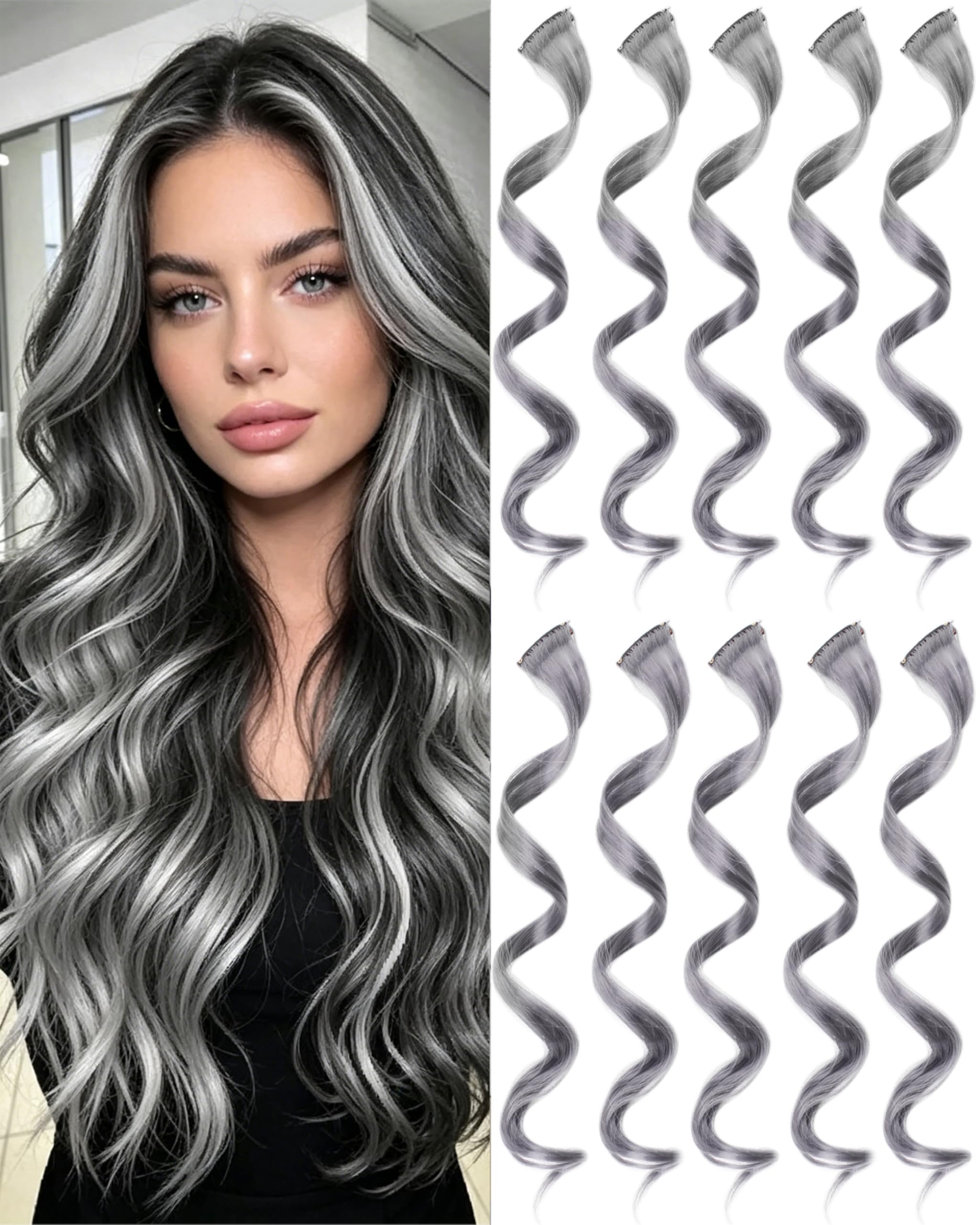 Photo 1 of 10 Pcs Gray Curly Wavy Synthetic Clip-In Hair Extensions 17 Inch Women Gift