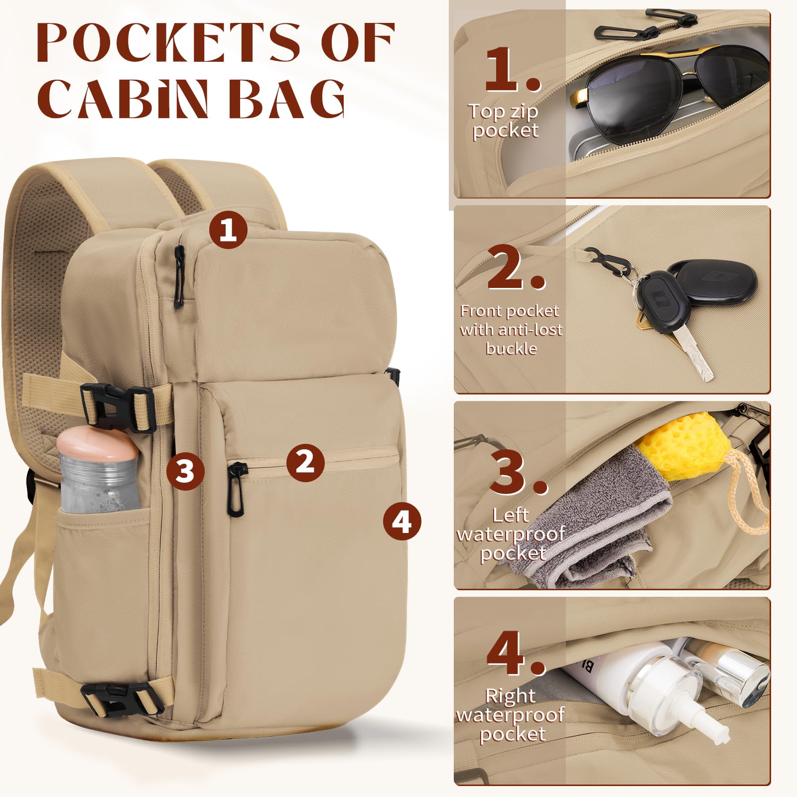 per Ryanair Zaino da Viaggio 40x20x25, Zaino Aereo Cabina Bagaglio a Mano Sotto il Sedile Zaino Borse da Viaggi Donna Uomo Zaino Porta PC per Wizzair | Volotea | Vueling (Marrone)