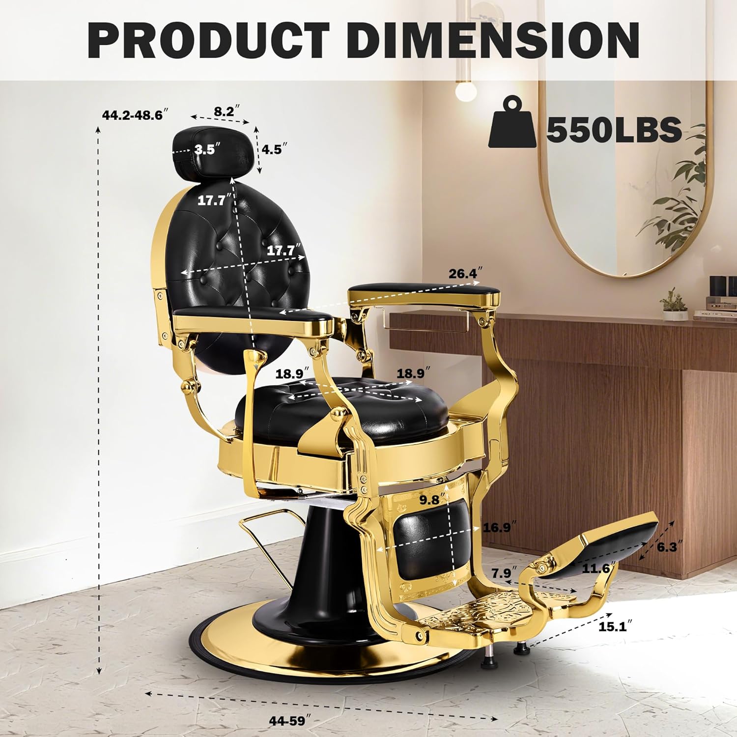 Black Gold Barber Chair, Reclining Salon Chair Vintage Hair Salon Chair Hair Stylist, Hydraulic All Purpose for Barbershop, Classic Tattoo Massage Beauty Spa Equipment