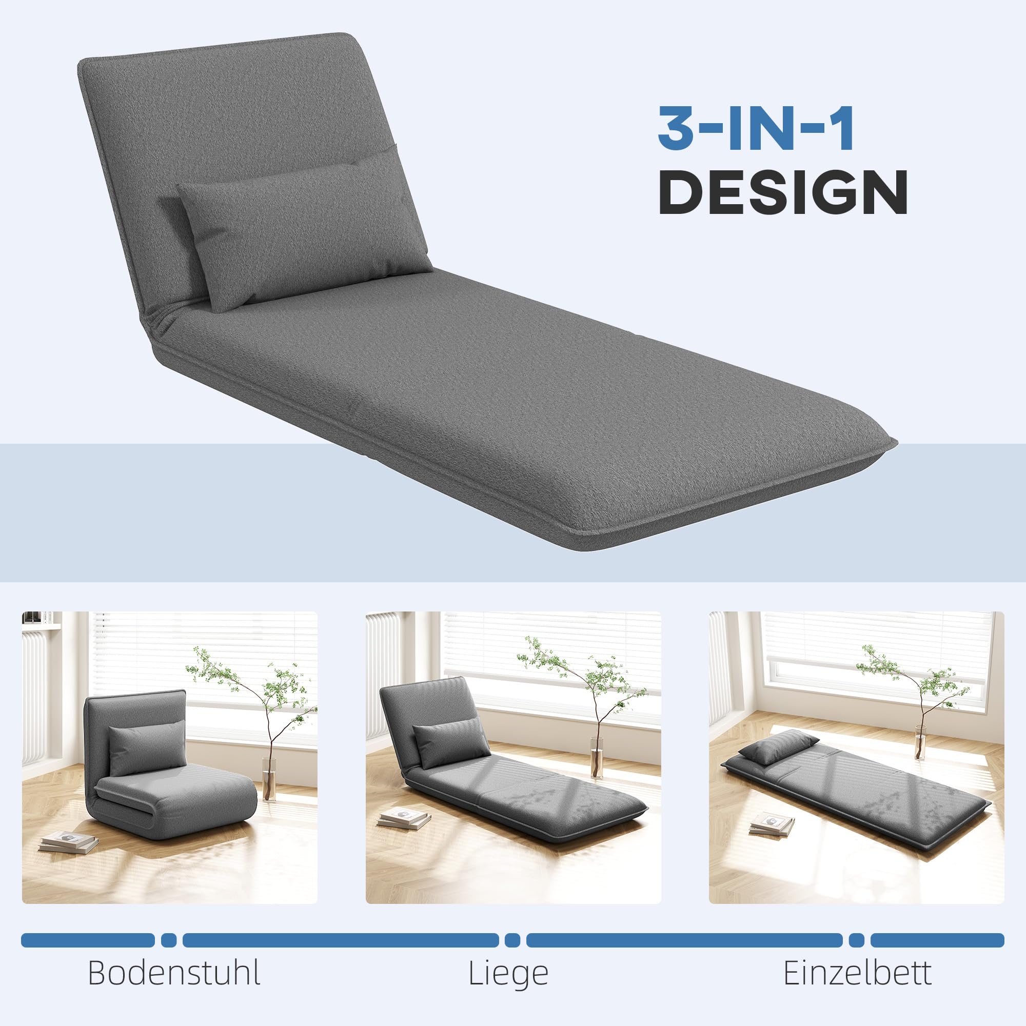 HOMCOM Bodensofa 3-in-1 Klappbar Schlafsofa mit 6-Fach verstellbar Rückenlehne Kissen Gepolstert Sofabett mit Schlaffunktion, bis 150 kg belastbar, für Schlafzimmer, Wohnzimmer, Dunkelgrau