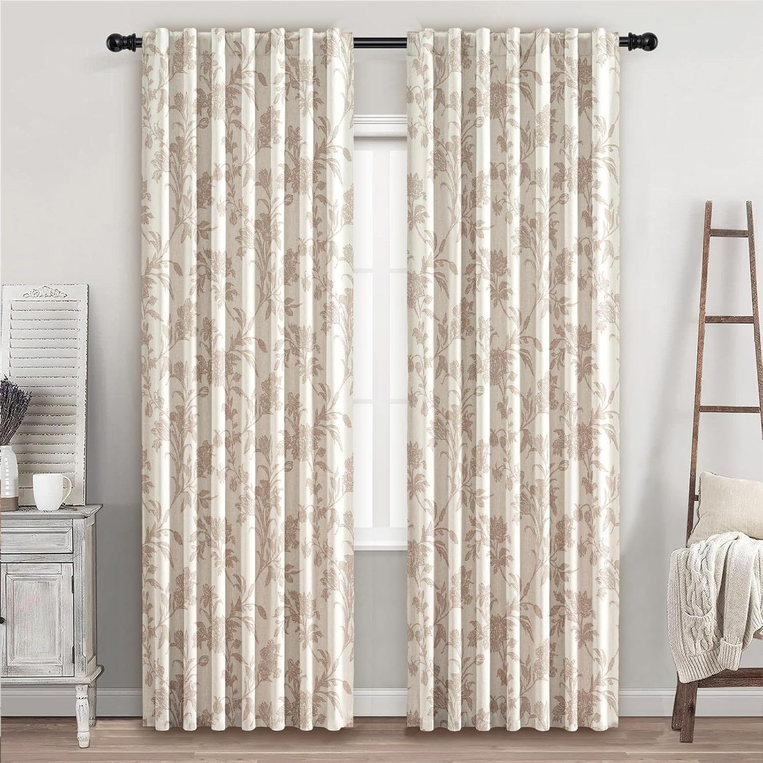 Sage Green Floral Curtains French Country Curtains 96 inch Length Light Filtering Living Room Curtains Pattern Print Neutral Linen Curtain Vintage Bedroom Decor Set 2 Panels